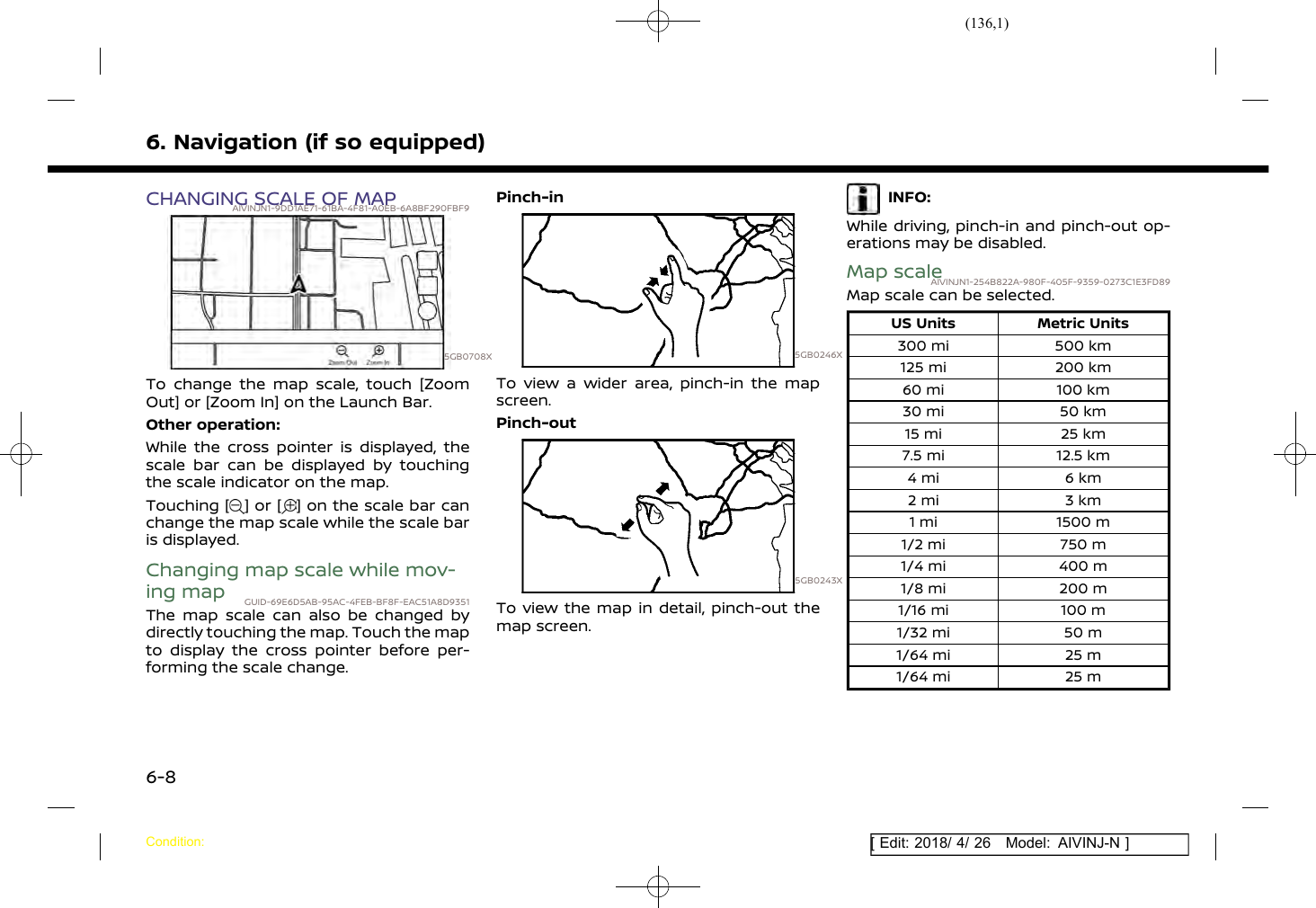 (136,1)[ Edit: 2018/ 4/ 26 Model: AIVINJ-N ]6. Navigation (if so equipped)CHANGING SCALE OF MAPAIVINJN1-9DD1AE71-61BA-4F81-A0EB-6A8BF290FBF95GB0708XTo change the map scale, touch [ZoomOut] or [Zoom In] on the Launch Bar.Other operation:While the cross pointer is displayed, thescale bar can be displayed by touchingthe scale indicator on the map.Touching [ ] or [ ] on the scale bar canchange the map scale while the scale baris displayed.Changing map scale while mov-ing map GUID-69E6D5AB-95AC-4FEB-BF8F-EAC51A8D9351The map scale can also be changed bydirectly touching the map. Touch the mapto display the cross pointer before per-forming the scale change.Pinch-in5GB0246XTo view a wider area, pinch-in the mapscreen.Pinch-out5GB0243XTo view the map in detail, pinch-out themap screen.INFO:While driving, pinch-in and pinch-out op-erations may be disabled.Map scaleAIVINJN1-254B822A-980F-405F-9359-0273C1E3FD89Map scale can be selected.US Units Metric Units300 mi 500 km125 mi 200 km60 mi 100 km30 mi 50 km15 mi 25 km7.5 mi 12.5 km4 mi 6 km2 mi 3 km1 mi 1500 m1/2 mi 750 m1/4 mi 400 m1/8 mi 200 m1/16 mi 100 m1/32 mi 50 m1/64 mi 25 m1/64 mi 25 mCondition:6-8