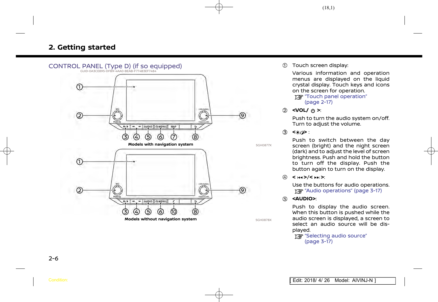 (18,1)[ Edit: 2018/ 4/ 26 Model: AIVINJ-N ]2. Getting startedCONTROL PANEL (Type D) (if so equipped)GUID-0A3CE895-DFB9-4AA0-BEAB-F774B3EF74845GH0877XModels with navigation system5GH0878XModels without navigation systemTouch screen display:Various information and operationmenus are displayed on the liquidcrystal display. Touch keys and iconson the screen for operation.“Touch panel operation”(page 2-17)&lt;VOL/ &gt;:Push to turn the audio system on/off.Turn to adjust the volume.&lt; &gt; :Push to switch between the dayscreen (bright) and the night screen(dark) and to adjust the level of screenbrightness. Push and hold the buttonto turn off the display. Push thebutton again to turn on the display.&lt; &gt;/&lt; &gt;:Use the buttons for audio operations.“Audio operations” (page 3-17)&lt;AUDIO&gt;:Push to display the audio screen.When this button is pushed while theaudio screen is displayed, a screen toselect an audio source will be dis-played.“Selecting audio source”(page 3-17)Condition:2-6