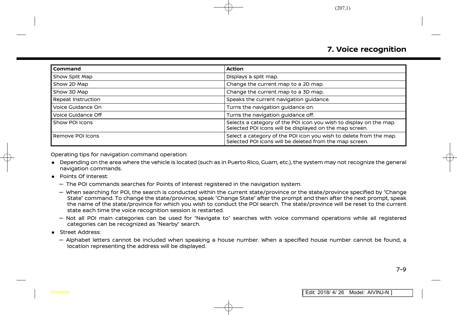 (207,1)[ Edit: 2018/ 4/ 26 Model: AIVINJ-N ]Command ActionShow Split Map Displays a split map.Show 2D Map Change the current map to a 2D map.Show 3D Map Change the current map to a 3D map.Repeat Instruction Speaks the current navigation guidance.Voice Guidance On Turns the navigation guidance on.Voice Guidance Off Turns the navigation guidance off.Show POI Icons Selects a category of the POI icon you wish to display on the map.Selected POI icons will be displayed on the map screen.Remove POI Icons Select a category of the POI icon you wish to delete from the map.Selected POI icons will be deleted from the map screen.Operating tips for navigation command operation:.Depending on the area where the vehicle is located (such as in Puerto Rico, Guam, etc.), the system may not recognize the generalnavigation commands..Points Of Interest:— The POI commands searches for Points of Interest registered in the navigation system.— When searching for POI, the search is conducted within the current state/province or the state/province specified by “ChangeState” command. To change the state/province, speak “Change State” after the prompt and then after the next prompt, speakthe name of the state/province for which you wish to conduct the POI search. The state/province will be reset to the currentstate each time the voice recognition session is restarted.— Not all POI main categories can be used for “Navigate to” searches with voice command operations while all registeredcategories can be recognized as “Nearby” search..Street Address:— Alphabet letters cannot be included when speaking a house number. When a specified house number cannot be found, alocation representing the address will be displayed.7. Voice recognitionCondition:7-9