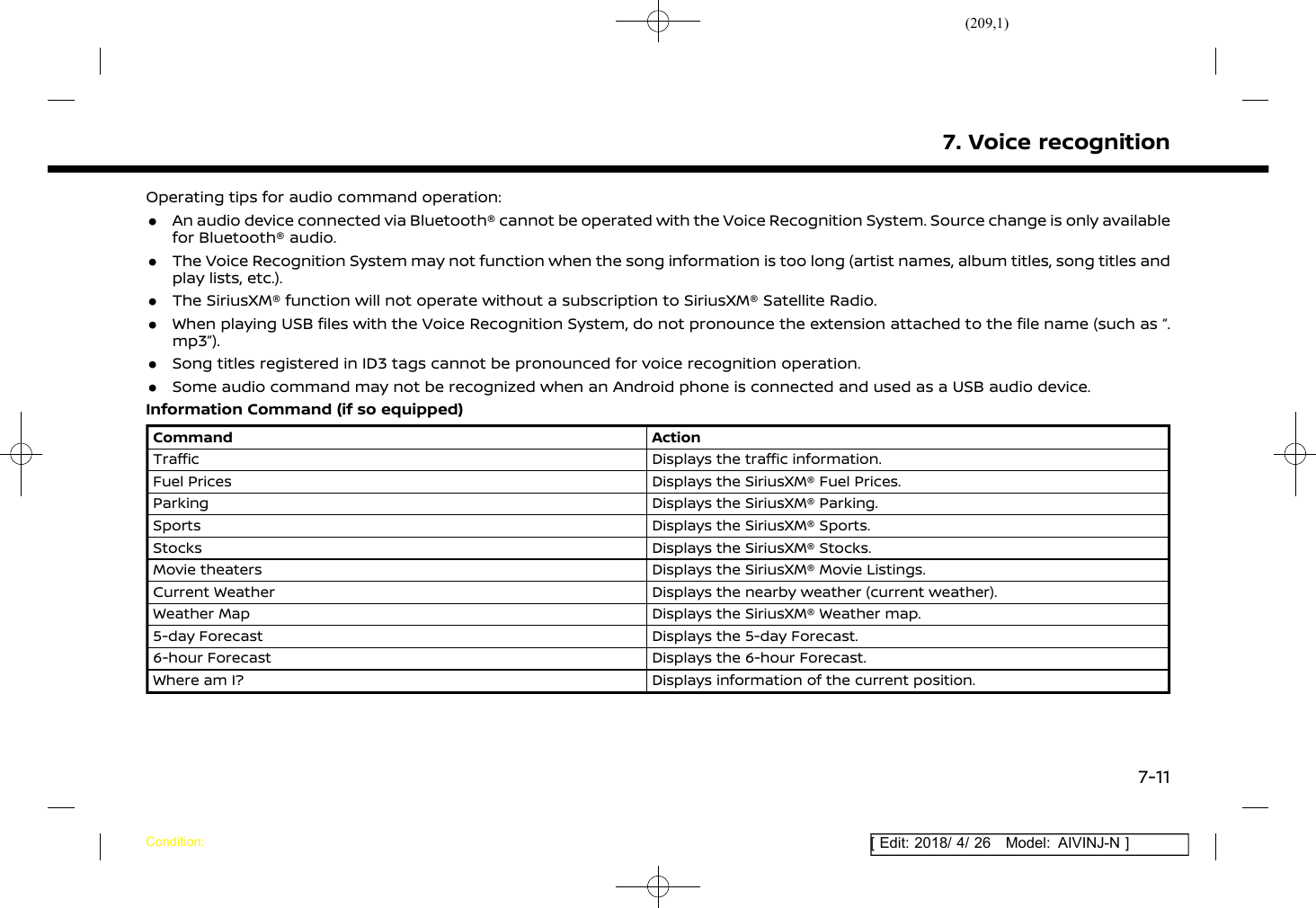 (209,1)[ Edit: 2018/ 4/ 26 Model: AIVINJ-N ]Operating tips for audio command operation:.An audio device connected via Bluetooth® cannot be operated with the Voice Recognition System. Source change is only availablefor Bluetooth® audio..The Voice Recognition System may not function when the song information is too long (artist names, album titles, song titles andplay lists, etc.)..The SiriusXM® function will not operate without a subscription to SiriusXM® Satellite Radio..When playing USB files with the Voice Recognition System, do not pronounce the extension attached to the file name (such as “.mp3”)..Song titles registered in ID3 tags cannot be pronounced for voice recognition operation..Some audio command may not be recognized when an Android phone is connected and used as a USB audio device.Information Command (if so equipped)Command ActionTraffic Displays the traffic information.Fuel Prices Displays the SiriusXM® Fuel Prices.Parking Displays the SiriusXM® Parking.Sports Displays the SiriusXM® Sports.Stocks Displays the SiriusXM® Stocks.Movie theaters Displays the SiriusXM® Movie Listings.Current Weather Displays the nearby weather (current weather).Weather Map Displays the SiriusXM® Weather map.5-day Forecast Displays the 5-day Forecast.6-hour Forecast Displays the 6-hour Forecast.Where am I? Displays information of the current position.7. Voice recognitionCondition:7-11