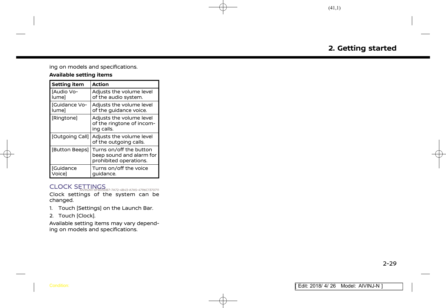 (41,1)[ Edit: 2018/ 4/ 26 Model: AIVINJ-N ]ing on models and specifications.Available setting itemsSetting item Action[Audio Vo-lume]Adjusts the volume levelof the audio system.[Guidance Vo-lume]Adjusts the volume levelof the guidance voice.[Ringtone] Adjusts the volume levelof the ringtone of incom-ing calls.[Outgoing Call] Adjusts the volume levelof the outgoing calls.[Button Beeps] Turns on/off the buttonbeep sound and alarm forprohibited operations.[GuidanceVoice]Turns on/off the voiceguidance.CLOCK SETTINGSAIVINJN1-6FB05DB7-7A72-4B43-A7A5-4796C1370711Clock settings of the system can bechanged.1. Touch [Settings] on the Launch Bar.2. Touch [Clock].Available setting items may vary depend-ing on models and specifications.2. Getting startedCondition:2-29