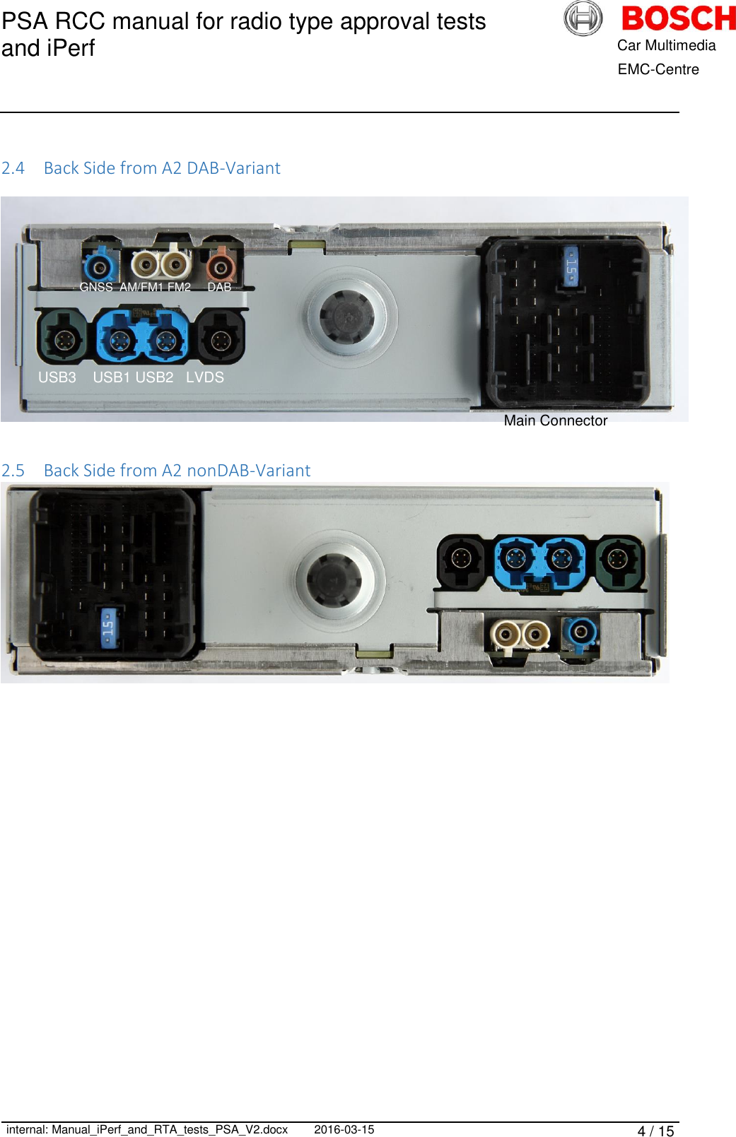 PSA RCC manual for radio type approval tests and iPerf      internal: Manual_iPerf_and_RTA_tests_PSA_V2.docx 2016-03-15 4 / 15            Car Multimedia       EMC-Centre  2.4 Back Side from A2 DAB-Variant      2.5 Back Side from A2 nonDAB-Variant   Main Connector USB3    USB1 USB2   LVDS GNSS  AM/FM1 FM2     DAB Main Connector 