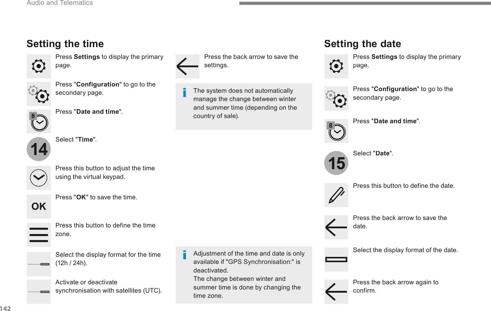 14214 Audio and Telematics Transversal-Citroen_en_Chap02_RCC-2-2-0_ed01-2016  Press  Settings  to display the primary SDJH  Select &quot; Date &quot;.    Select &quot; Time &quot;.    Press &quot; Date and time &quot;.    Adjustment of the time and date is only available if &quot;GPS Synchronisation:&quot; is deactivated. 7KHFKDQJHEHWZHHQZLQWHUDQGVXPPHUWLPHLVGRQHE\FKDQJLQJWKHWLPH]RQH  The system does not automatically PDQDJHWKHFKDQJHEHWZHHQZLQWHUDQGVXPPHUWLPHGHSHQGLQJRQWKHcountry of sale).   Setting the time   Press this button to define the date.    Press this button to adjust the time XVLQJWKHYLUWXDONH\SDG3UHVVWKHEDFNDUURZWRVDYHWKHdate.    Press this button to define the time ]RQH  Select the display format of the date.    Select the display format for the time KK  Activate or deactivate synchronisation with satellites (UTC).    Press  Settings  to display the primary SDJH  Press &quot; Date and time &quot;.  Setting the date   Press &quot; ConfigurationWRJRWRWKHVHFRQGDU\SDJH  Press &quot; ConfigurationWRJRWRWKHVHFRQGDU\SDJH  Press &quot; OK &quot; to save the time.  3UHVVWKHEDFNDUURZWRVDYHWKHVHWWLQJV3UHVVWKHEDFNDUURZDJDLQWRconfirm.  