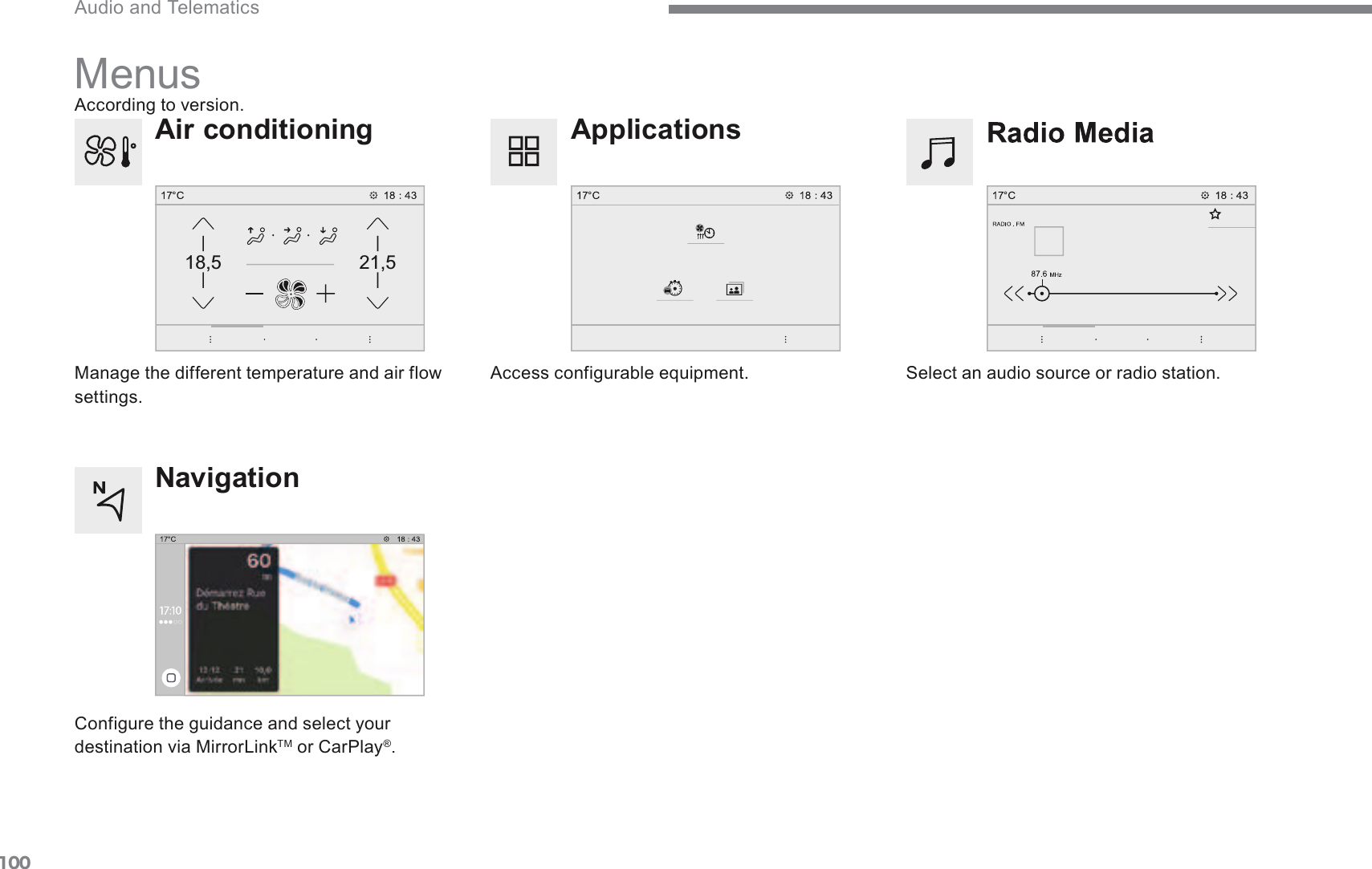 10021,518,5 Audio and Telematics Transversal-Citroen_en_Chap02_RCC-2-2-0_ed01-2016 Menus   Applications   Select an audio source or radio station.   $FFHVVFRQILJXUDEOHHTXLSPHQW  Air conditioning 0DQDJHWKHGLIIHUHQWWHPSHUDWXUHDQGDLUIORZVHWWLQJV  Navigation &amp;RQILJXUHWKHJXLGDQFHDQGVHOHFW\RXUGHVWLQDWLRQYLD0LUURU/LQNTM  or CarPlay ® .   $FFRUGLQJWRYHUVLRQ