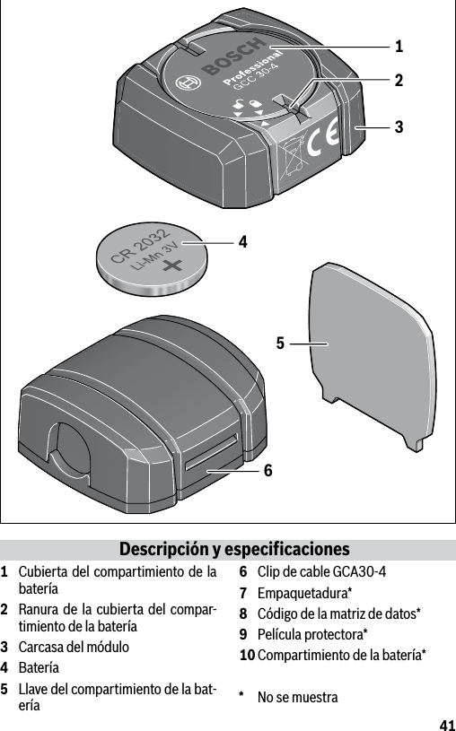 41Descripción y especificaciones1  Cubierta del compartimiento de la batería 2  Ranura de la cubierta del compar-timiento de la batería3  Carcasa del módulo4 Batería5  Llave del compartimiento de la bat-ería6  Clip de cable GCA30-47 Empaquetadura*8  Código de la matriz de datos*9  Película protectora*10 Compartimiento de la batería**  No se muestra 465132