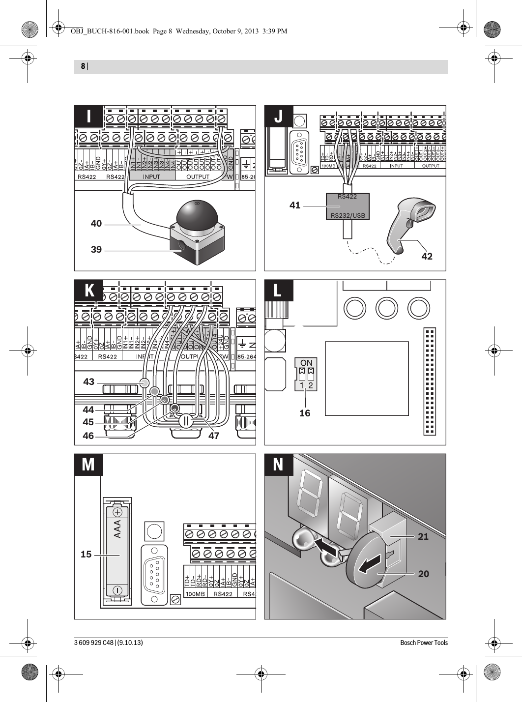3 609 929 C48 | (9.10.13) Bosch Power Tools8 |  RS422RS232/USB43444546 472120423940411516I JKLM NOBJ_BUCH-816-001.book  Page 8  Wednesday, October 9, 2013  3:39 PM