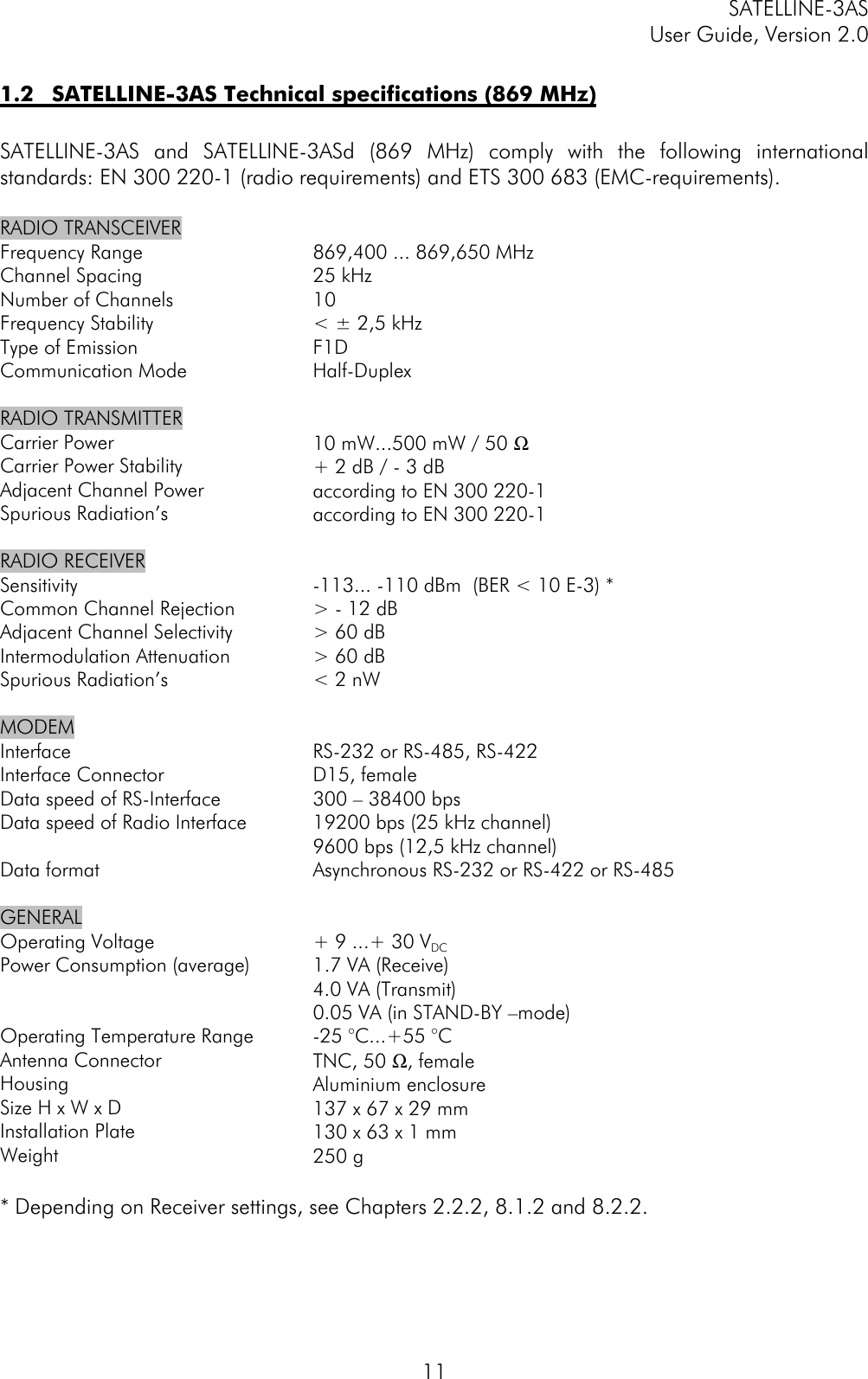 SATELLINE-3ASUser Guide, Version 2.0111.2 SATELLINE-3AS Technical specifications (869 MHz)SATELLINE-3AS and SATELLINE-3ASd (869 MHz) comply with the following internationalstandards: EN 300 220-1 (radio requirements) and ETS 300 683 (EMC-requirements).RADIO TRANSCEIVERFrequency RangeChannel SpacingNumber of ChannelsFrequency StabilityType of EmissionCommunication Mode869,400 ... 869,650 MHz25 kHz10&lt; ± 2,5 kHzF1DHalf-DuplexRADIO TRANSMITTERCarrier PowerCarrier Power StabilityAdjacent Channel PowerSpurious Radiation’s10 mW...500 mW / 50 Ω+ 2 dB / - 3 dBaccording to EN 300 220-1according to EN 300 220-1RADIO RECEIVERSensitivityCommon Channel RejectionAdjacent Channel SelectivityIntermodulation AttenuationSpurious Radiation’s-113... -110 dBm  (BER &lt; 10 E-3) *&gt; - 12 dB&gt; 60 dB&gt; 60 dB&lt; 2 nWMODEMInterfaceInterface ConnectorData speed of RS-InterfaceData speed of Radio InterfaceData formatRS-232 or RS-485, RS-422D15, female300 – 38400 bps19200 bps (25 kHz channel)9600 bps (12,5 kHz channel)Asynchronous RS-232 or RS-422 or RS-485GENERALOperating VoltagePower Consumption (average)Operating Temperature RangeAntenna ConnectorHousingSize H x W x DInstallation PlateWeight+ 9 ...+ 30 VDC1.7 VA (Receive)4.0 VA (Transmit)0.05 VA (in STAND-BY –mode)-25 °C...+55 °CTNC, 50 Ω, femaleAluminium enclosure137 x 67 x 29 mm130 x 63 x 1 mm250 g* Depending on Receiver settings, see Chapters 2.2.2, 8.1.2 and 8.2.2.