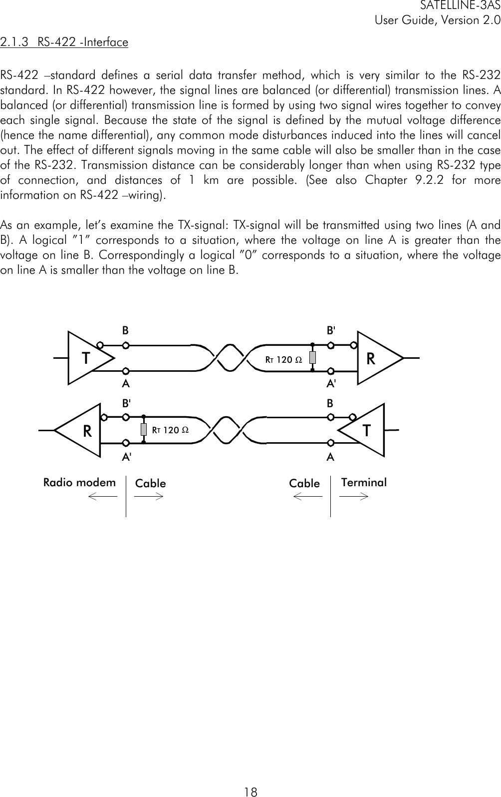 SATELLINE-3ASUser Guide, Version 2.0182.1.3 RS-422 -InterfaceRS-422 –standard defines a serial data transfer method, which is very similar to the RS-232standard. In RS-422 however, the signal lines are balanced (or differential) transmission lines. Abalanced (or differential) transmission line is formed by using two signal wires together to conveyeach single signal. Because the state of the signal is defined by the mutual voltage difference(hence the name differential), any common mode disturbances induced into the lines will cancelout. The effect of different signals moving in the same cable will also be smaller than in the caseof the RS-232. Transmission distance can be considerably longer than when using RS-232 typeof connection, and distances of 1 km are possible. (See also Chapter 9.2.2 for moreinformation on RS-422 –wiring).As an example, let’s examine the TX-signal: TX-signal will be transmitted using two lines (A andB). A logical ”1” corresponds to a situation, where the voltage on line A is greater than thevoltage on line B. Correspondingly a logical ”0” corresponds to a situation, where the voltageon line A is smaller than the voltage on line B.RT 120 ΩRTRT 120 ΩRTB B&apos;AA&apos;B&apos;BA&apos;ARadio modem Cable TerminalCable