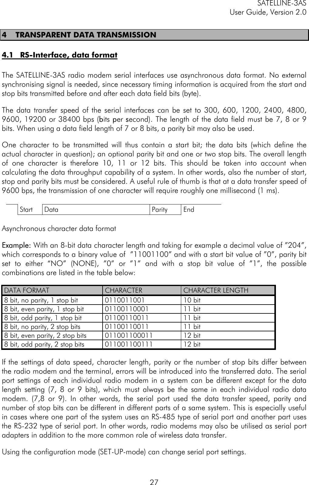 SATELLINE-3ASUser Guide, Version 2.0274 TRANSPARENT DATA TRANSMISSION4.1 RS-Interface, data formatThe SATELLINE-3AS radio modem serial interfaces use asynchronous data format. No externalsynchronising signal is needed, since necessary timing information is acquired from the start andstop bits transmitted before and after each data field bits (byte).The data transfer speed of the serial interfaces can be set to 300, 600, 1200, 2400, 4800,9600, 19200 or 38400 bps (bbits pper ssecond). The length of the data field must be 7, 8 or 9bits. When using a data field length of 7 or 8 bits, a parity bit may also be used.One character to be transmitted will thus contain a start bit; the data bits (which define theactual character in question); an optional parity bit and one or two stop bits. The overall lengthof one character is therefore 10, 11 or 12 bits. This should be taken into account whencalculating the data throughput capability of a system. In other words, also the number of start,stop and parity bits must be considered. A useful rule of thumb is that at a data transfer speed of9600 bps, the transmission of one character will require roughly one millisecond (1 ms).Start Data Parity EndAsynchronous character data formatExample:Example: With an 8-bit data character length and taking for example a decimal value of ”204”,which corresponds to a binary value of  ”11001100” and with a start bit value of ”0”, parity bitset to either “NO” (NONE), ”0” or ”1” and with a stop bit value of ”1”, the possiblecombinations are listed in the table below:DATA FORMAT CHARACTER CHARACTER LENGTH8 bit, no parity, 1 stop bit 0110011001 10 bit8 bit, even parity, 1 stop bit 01100110001 11 bit8 bit, odd parity, 1 stop bit 01100110011 11 bit8 bit, no parity, 2 stop bits 01100110011 11 bit8 bit, even parity, 2 stop bits 011001100011 12 bit8 bit, odd parity, 2 stop bits 011001100111 12 bitIf the settings of data speed, character length, parity or the number of stop bits differ betweenthe radio modem and the terminal, errors will be introduced into the transferred data. The serialport settings of each individual radio modem in a system can be different except for the datalength setting (7, 8 or 9 bits), which must always be the same in each individual radio datamodem. (7,8 or 9). In other words, the serial port used the data transfer speed, parity andnumber of stop bits can be different in different parts of a same system. This is especially usefulin cases where one part of the system uses an RS-485 type of serial port and another part usesthe RS-232 type of serial port. In other words, radio modems may also be utilised as serial portadapters in addition to the more common role of wireless data transfer.Using the configuration mode (SET-UP-mode) can change serial port settings.