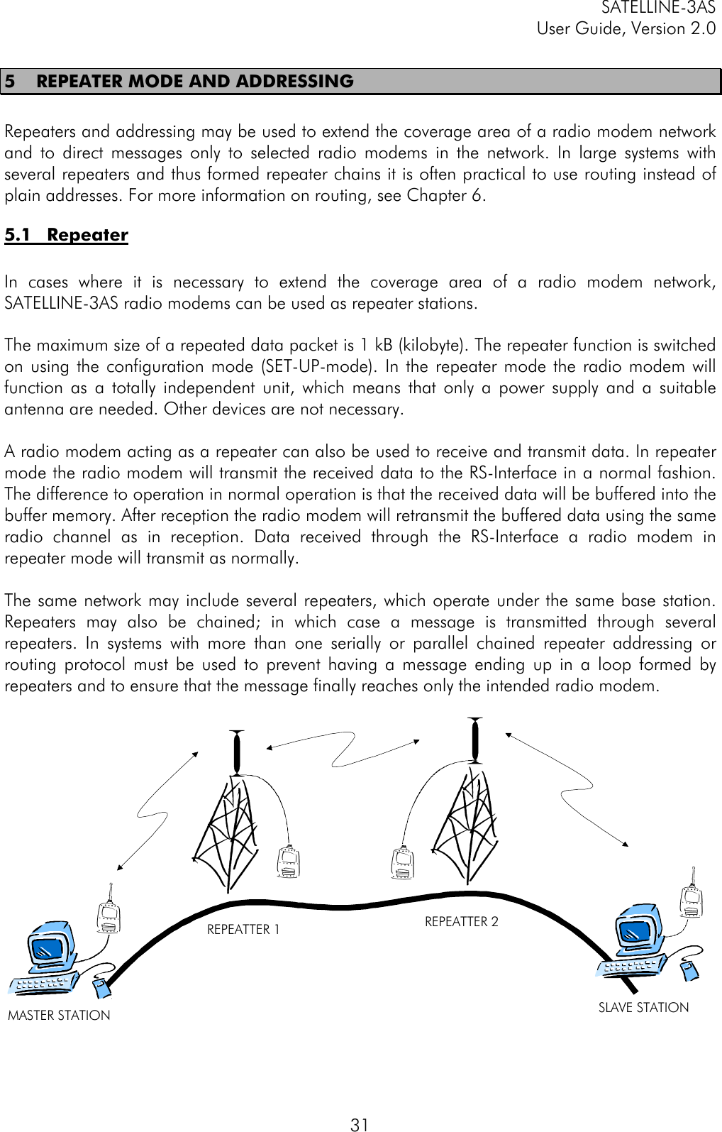 SATELLINE-3ASUser Guide, Version 2.0315 REPEATER MODE AND ADDRESSINGRepeaters and addressing may be used to extend the coverage area of a radio modem networkand to direct messages only to selected radio modems in the network. In large systems withseveral repeaters and thus formed repeater chains it is often practical to use routing instead ofplain addresses. For more information on routing, see Chapter 6.5.1 RepeaterIn cases where it is necessary to extend the coverage area of a radio modem network,SATELLINE-3AS radio modems can be used as repeater stations.The maximum size of a repeated data packet is 1 kB (kilobyte). The repeater function is switchedon using the configuration mode (SET-UP-mode). In the repeater mode the radio modem willfunction as a totally independent unit, which means that only a power supply and a suitableantenna are needed. Other devices are not necessary.A radio modem acting as a repeater can also be used to receive and transmit data. In repeatermode the radio modem will transmit the received data to the RS-Interface in a normal fashion.The difference to operation in normal operation is that the received data will be buffered into thebuffer memory. After reception the radio modem will retransmit the buffered data using the sameradio channel as in reception. Data received through the RS-Interface a radio modem inrepeater mode will transmit as normally.The same network may include several repeaters, which operate under the same base station.Repeaters may also be chained; in which case a message is transmitted through severalrepeaters. In systems with more than one serially or parallel chained repeater addressing orrouting protocol must be used to prevent having a message ending up in a loop formed byrepeaters and to ensure that the message finally reaches only the intended radio modem.MASTER STATIONREPEATTER 1REPEATTER 2SLAVE STATION