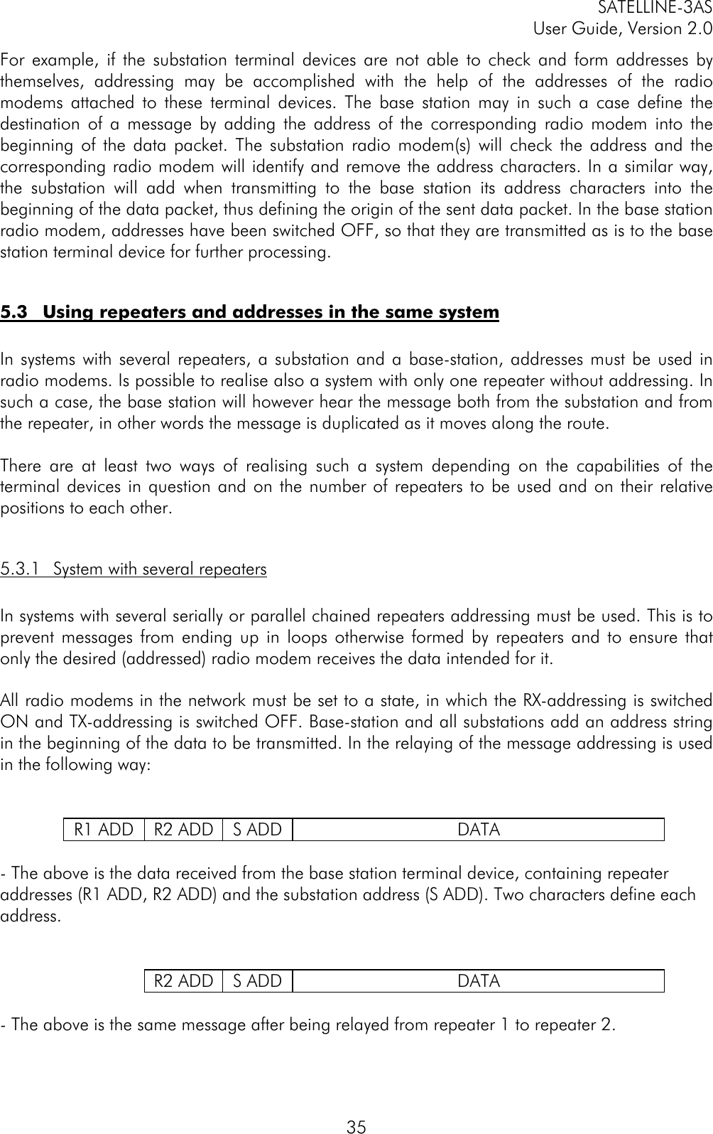 SATELLINE-3ASUser Guide, Version 2.035For example, if the substation terminal devices are not able to check and form addresses bythemselves, addressing may be accomplished with the help of the addresses of the radiomodems attached to these terminal devices. The base station may in such a case define thedestination of a message by adding the address of the corresponding radio modem into thebeginning of the data packet. The substation radio modem(s) will check the address and thecorresponding radio modem will identify and remove the address characters. In a similar way,the substation will add when transmitting to the base station its address characters into thebeginning of the data packet, thus defining the origin of the sent data packet. In the base stationradio modem, addresses have been switched OFF, so that they are transmitted as is to the basestation terminal device for further processing.5.3 Using repeaters and addresses in the same systemIn systems with several repeaters, a substation and a base-station, addresses must be used inradio modems. Is possible to realise also a system with only one repeater without addressing. Insuch a case, the base station will however hear the message both from the substation and fromthe repeater, in other words the message is duplicated as it moves along the route.There are at least two ways of realising such a system depending on the capabilities of theterminal devices in question and on the number of repeaters to be used and on their relativepositions to each other.5.3.1 System with several repeatersIn systems with several serially or parallel chained repeaters addressing must be used. This is toprevent messages from ending up in loops otherwise formed by repeaters and to ensure thatonly the desired (addressed) radio modem receives the data intended for it.All radio modems in the network must be set to a state, in which the RX-addressing is switchedON and TX-addressing is switched OFF. Base-station and all substations add an address stringin the beginning of the data to be transmitted. In the relaying of the message addressing is usedin the following way:R1 ADD R2 ADD S ADD DATA- The above is the data received from the base station terminal device, containing repeateraddresses (R1 ADD, R2 ADD) and the substation address (S ADD). Two characters define eachaddress.R2 ADD S ADD DATA- The above is the same message after being relayed from repeater 1 to repeater 2.