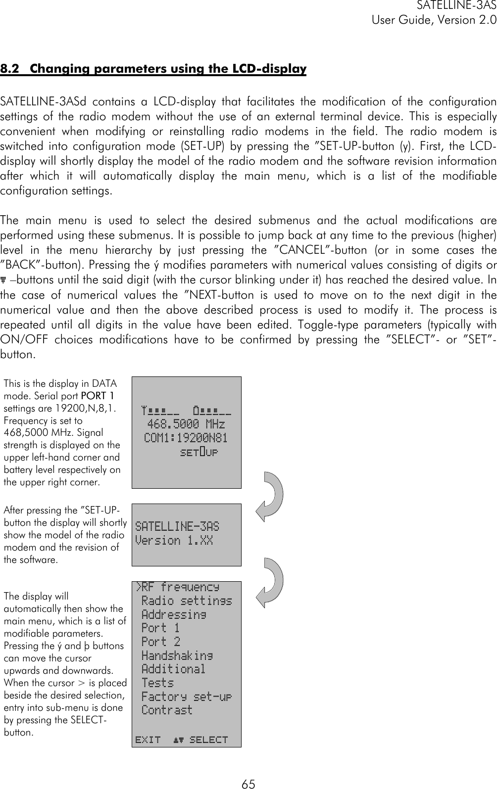 SATELLINE-3ASUser Guide, Version 2.0658.2 Changing parameters using the LCD-displaySATELLINE-3ASd contains a LCD-display that facilitates the modification of the configurationsettings of the radio modem without the use of an external terminal device. This is especiallyconvenient when modifying or reinstalling radio modems in the field. The radio modem isswitched into configuration mode (SET-UP) by pressing the ”SET-UP-button (y). First, the LCD-display will shortly display the model of the radio modem and the software revision informationafter which it will automatically display the main menu, which is a list of the modifiableconfiguration settings.The main menu is used to select the desired submenus and the actual modifications areperformed using these submenus. It is possible to jump back at any time to the previous (higher)level in the menu hierarchy by just pressing the ”CANCEL”-button (or in some cases the”BACK”-button). Pressing the ý modifies parameters with numerical values consisting of digits orþ –buttons until the said digit (with the cursor blinking under it) has reached the desired value. Inthe case of numerical values the ”NEXT-button is used to move on to the next digit in thenumerical value and then the above described process is used to modify it. The process isrepeated until all digits in the value have been edited. Toggle-type parameters (typically withON/OFF choices modifications have to be confirmed by pressing the ”SELECT”- or ”SET”-button.This is the display in DATAmode. Serial port PORT 1PORT 1settings are 19200,N,8,1.Frequency is set to468,5000 MHz. Signalstrength is displayed on theupper left-hand corner andbattery level respectively onthe upper right corner.öÄÄÄÖÖ  äÄÄÄÖÖ468.5000 MHzCOM1:19200N81       Set-upAfter pressing the ”SET-UP-button the display will shortlyshow the model of the radiomodem and the revision ofthe software.SATELLINE-3ASVersion 1.XXThe display willautomatically then show themain menu, which is a list ofmodifiable parameters.Pressing the ý and þ buttonscan move the cursorupwards and downwards.When the cursor &gt; is placedbeside the desired selection,entry into sub-menu is doneby pressing the SELECT-button.&gt;RF frequency Radio settings Addressing Port 1 Port 2 Handshaking Additional Tests Factory set-up ContrastEXIT  ýþ SELECT