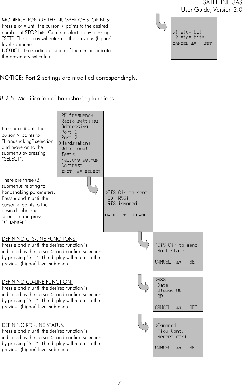 SATELLINE-3ASUser Guide, Version 2.071MODIFICATION OF THE NUMBER OF STOP BITS:Press ý or þ until the cursor &gt; points to the desirednumber of STOP bits. Confirm selection by pressing”SET”. The display will return to the previous (higher)level submenu.NOTICENOTICE: The starting position of the cursor indicatesthe previously set value.&gt;1 stop bit 2 stop bitsCANCEL ýþ   SETNOTICE:NOTICE: Port 2Port 2 settings are modified correspondingly.8.2.5 Modification of handshaking functionsPress ý or þ until thecursor &gt; points to“Handshaking” selectionand move on to thesubmenu by pressing”SELECT”. RF frequency Radio settings Addressing Port 1 Port 2&gt;Handshaking Additional Tests Factory set-up Contrast EXIT  ýþ SelectThere are three (3)submenus relating tohandshaking parameters.Press ý and þ until thecursor &gt; points to thedesired submenuselection and press”CHANGE”.&gt;CTS Clr to send CD  RSSI RTS IgnoredBACK   þ   ChangeDEFINING CTS-LINE FUNCTIONS:Press ý and þ until the desired function isindicated by the cursor &gt; and confirm selectionby pressing ”SET”. The display will return to theprevious (higher) level submenu.&gt;CTS Clr to send Buff stateCANCEL  ýþ   SETDEFINING CD-LINE FUNCTION:Press ý and þ until the desired function isindicated by the cursor &gt; and confirm selectionby pressing ”SET”. The display will return to theprevious (higher) level submenu.&gt;RSSI Data Always ON RDCANCEL  ýþ   SETDEFINING RTS-LINE STATUS:Press ý and þ until the desired function isindicated by the cursor &gt; and confirm selectionby pressing ”SET”. The display will return to theprevious (higher) level submenu.&gt;Ignored Flow Cont. Recept ctrlCANCEL  ýþ   SET