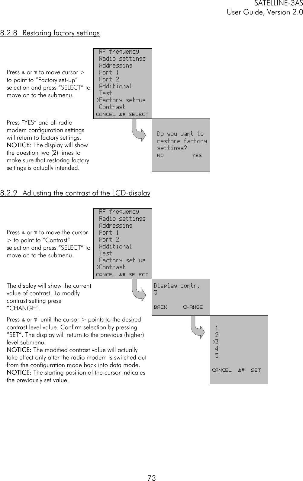 SATELLINE-3ASUser Guide, Version 2.0738.2.8 Restoring factory settingsPress ý or þ to move cursor &gt;to point to “Factory set-up”selection and press ”SELECT” tomove on to the submenu. RF frequency Radio settings Addressing Port 1 Port 2 Additional Test&gt;Factory set-up ContrastCANCEL ýþ SelectPress ”YES” and all radiomodem configuration settingswill return to factory settings.NOTICE:NOTICE: The display will showthe question two (2) times tomake sure that restoring factorysettings is actually intended. Do you want to restore factory settings? NO         YES8.2.9 Adjusting the contrast of the LCD-displayPress ý or þ to move the cursor&gt; to point to “Contrast”selection and press ”SELECT” tomove on to the submenu. RF frequency Radio settings Addressing Port 1 Port 2 Additional Test Factory set-up&gt;ContrastCANCEL ýþ SelectThe display will show the currentvalue of contrast. To modifycontrast setting press”CHANGE”.Display contr.3BACK     ChangePress ý or þ until the cursor &gt; points to the desiredcontrast level value. Confirm selection by pressing”SET”. The display will return to the previous (higher)level submenu.NOTICE:NOTICE: The modified contrast value will actuallytake effect only after the radio modem is switched outfrom the configuration mode back into data mode.NOTICE:NOTICE: The starting position of the cursor indicatesthe previously set value. 1 2&gt;3 4 5CANCEL  ýþ  SET