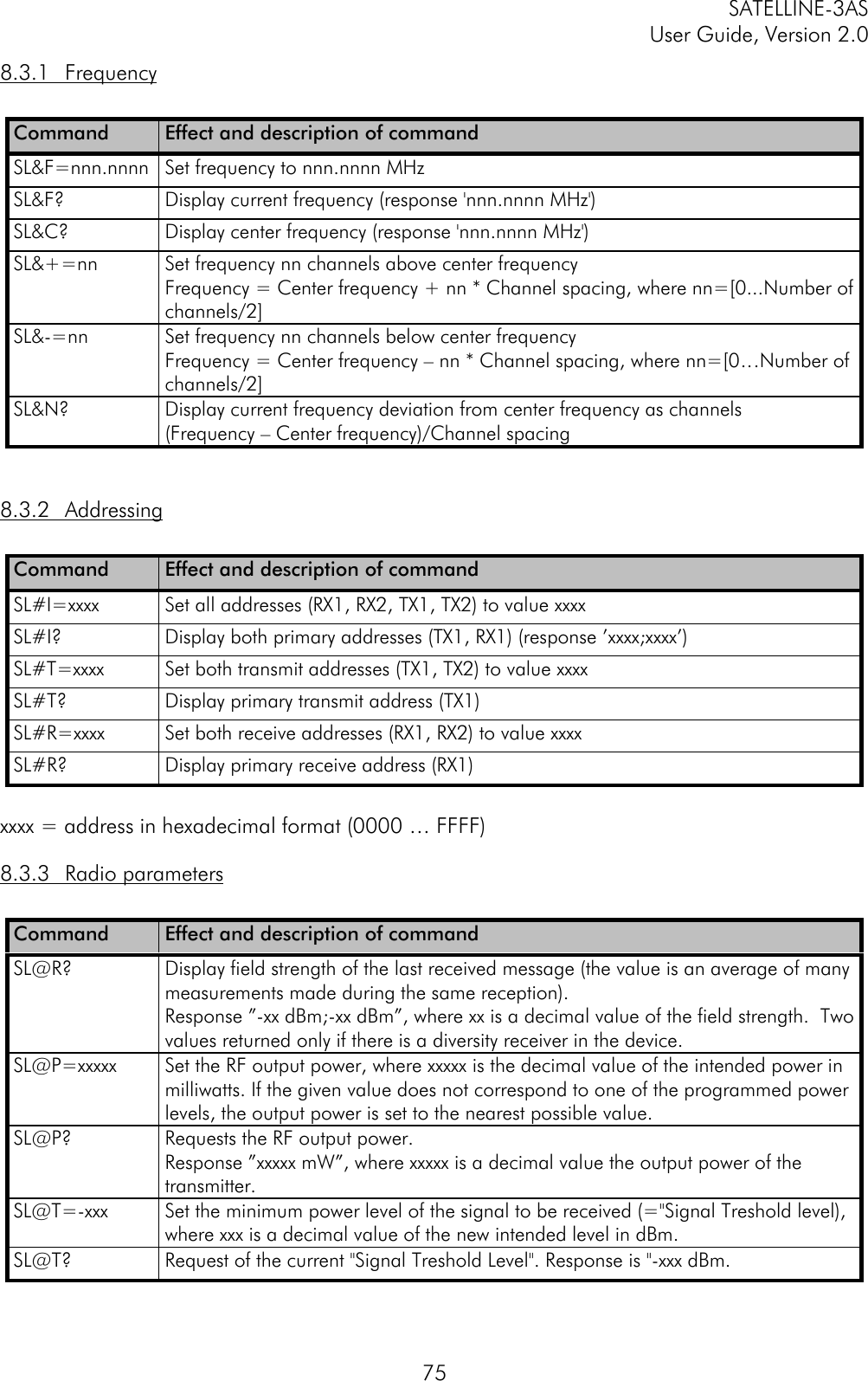 SATELLINE-3ASUser Guide, Version 2.0758.3.1 FrequencyCommand Effect and description of commandSL&amp;F=nnn.nnnn Set frequency to nnn.nnnn MHzSL&amp;F? Display current frequency (response &apos;nnn.nnnn MHz&apos;)SL&amp;C? Display center frequency (response &apos;nnn.nnnn MHz&apos;)SL&amp;+=nn Set frequency nn channels above center frequencyFrequency = Center frequency + nn * Channel spacing, where nn=[0...Number ofchannels/2]SL&amp;-=nn Set frequency nn channels below center frequencyFrequency = Center frequency – nn * Channel spacing, where nn=[0…Number ofchannels/2]SL&amp;N? Display current frequency deviation from center frequency as channels(Frequency – Center frequency)/Channel spacing8.3.2 AddressingCommand Effect and description of commandSL#I=xxxx Set all addresses (RX1, RX2, TX1, TX2) to value xxxxSL#I? Display both primary addresses (TX1, RX1) (response ’xxxx;xxxx’)SL#T=xxxx Set both transmit addresses (TX1, TX2) to value xxxxSL#T? Display primary transmit address (TX1)SL#R=xxxx Set both receive addresses (RX1, RX2) to value xxxxSL#R? Display primary receive address (RX1)xxxx = address in hexadecimal format (0000 … FFFF)8.3.3 Radio parametersCommand Effect and description of commandSL@R? Display field strength of the last received message (the value is an average of manymeasurements made during the same reception).Response ”-xx dBm;-xx dBm”, where xx is a decimal value of the field strength.  Twovalues returned only if there is a diversity receiver in the device.SL@P=xxxxx Set the RF output power, where xxxxx is the decimal value of the intended power inmilliwatts. If the given value does not correspond to one of the programmed powerlevels, the output power is set to the nearest possible value.SL@P? Requests the RF output power.Response ”xxxxx mW”, where xxxxx is a decimal value the output power of thetransmitter.SL@T=-xxx Set the minimum power level of the signal to be received (=&quot;Signal Treshold level),where xxx is a decimal value of the new intended level in dBm.SL@T? Request of the current &quot;Signal Treshold Level&quot;. Response is &quot;-xxx dBm.