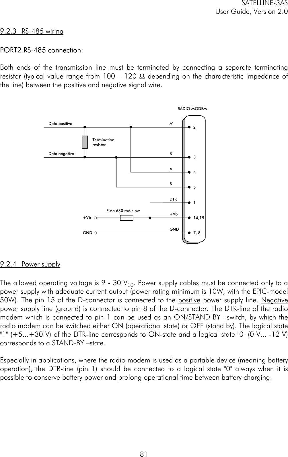 SATELLINE-3ASUser Guide, Version 2.0819.2.3 RS-485 wiringPORT2 RS-485 connection:PORT2 RS-485 connection:Both ends of the transmission line must be terminated by connecting a separate terminatingresistor (typical value range from 100 – 120 Ω depending on the characteristic impedance ofthe line) between the positive and negative signal wire.9.2.4 Power supplyThe allowed operating voltage is 9 - 30 VDC. Power supply cables must be connected only to apower supply with adequate current output (power rating minimum is 10W, with the EPIC-model50W). The pin 15 of the D-connector is connected to the positive power supply line. Negativepower supply line (ground) is connected to pin 8 of the D-connector. The DTR-line of the radiomodem which is connected to pin 1 can be used as an ON/STAND-BY –switch, by which theradio modem can be switched either ON (operational state) or OFF (stand by). The logical state&quot;1&quot; (+5...+30 V) of the DTR-line corresponds to ON-state and a logical state &quot;0&quot; (0 V... -12 V)corresponds to a STAND-BY –state.Especially in applications, where the radio modem is used as a portable device (meaning batteryoperation), the DTR-line (pin 1) should be connected to a logical state &quot;0&quot; always when it ispossible to conserve battery power and prolong operational time between battery charging.A&apos; 2RADIO MODEM114,157, 8DTR+VbGNDFuse 630 mA slow+VbGNDB&apos; 3A4B5Data positiveData negativeTerminationresistor