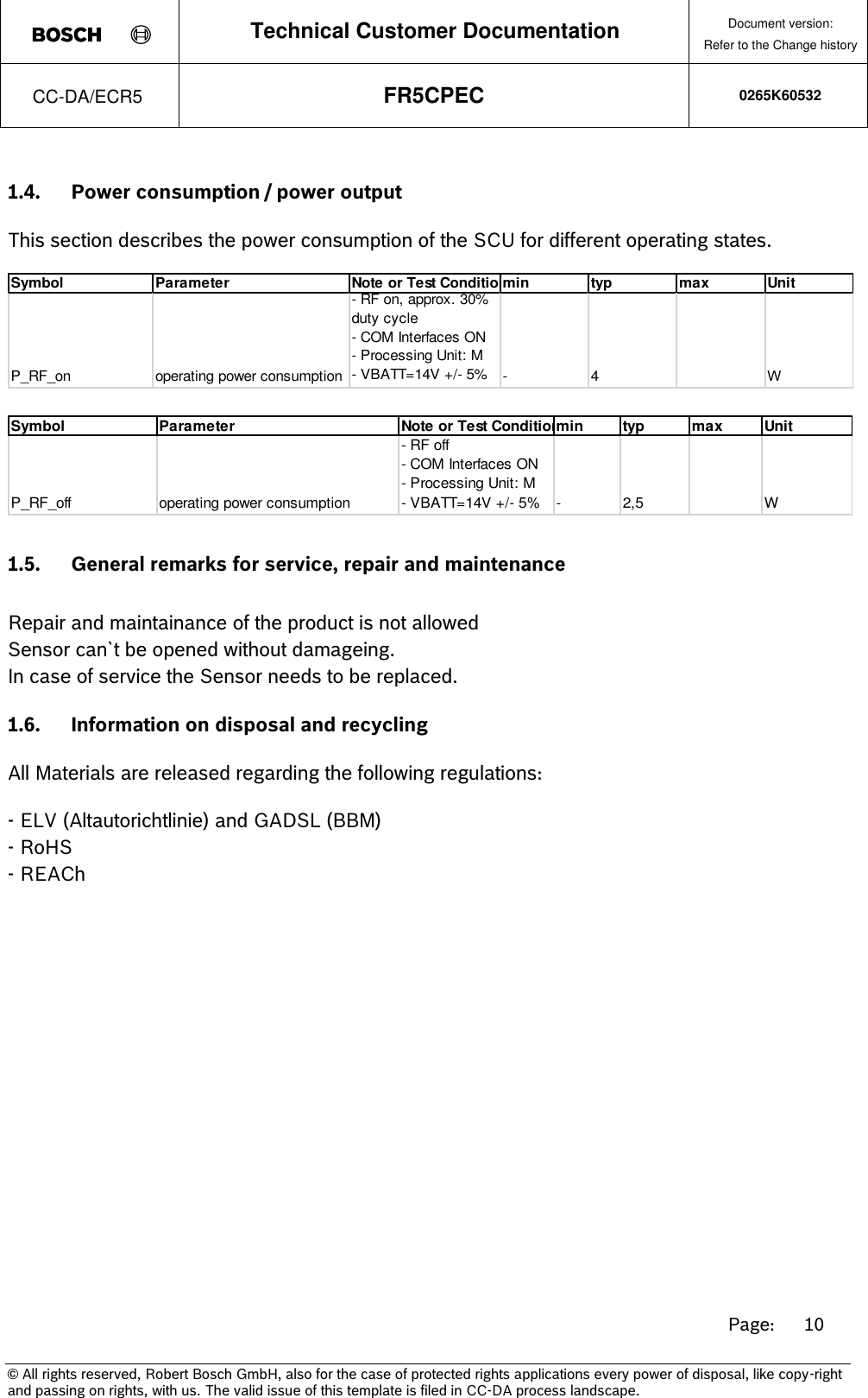 Page 10 of Robert Bosch FR5CPEC Radar sensor for vehicular use User Manual 