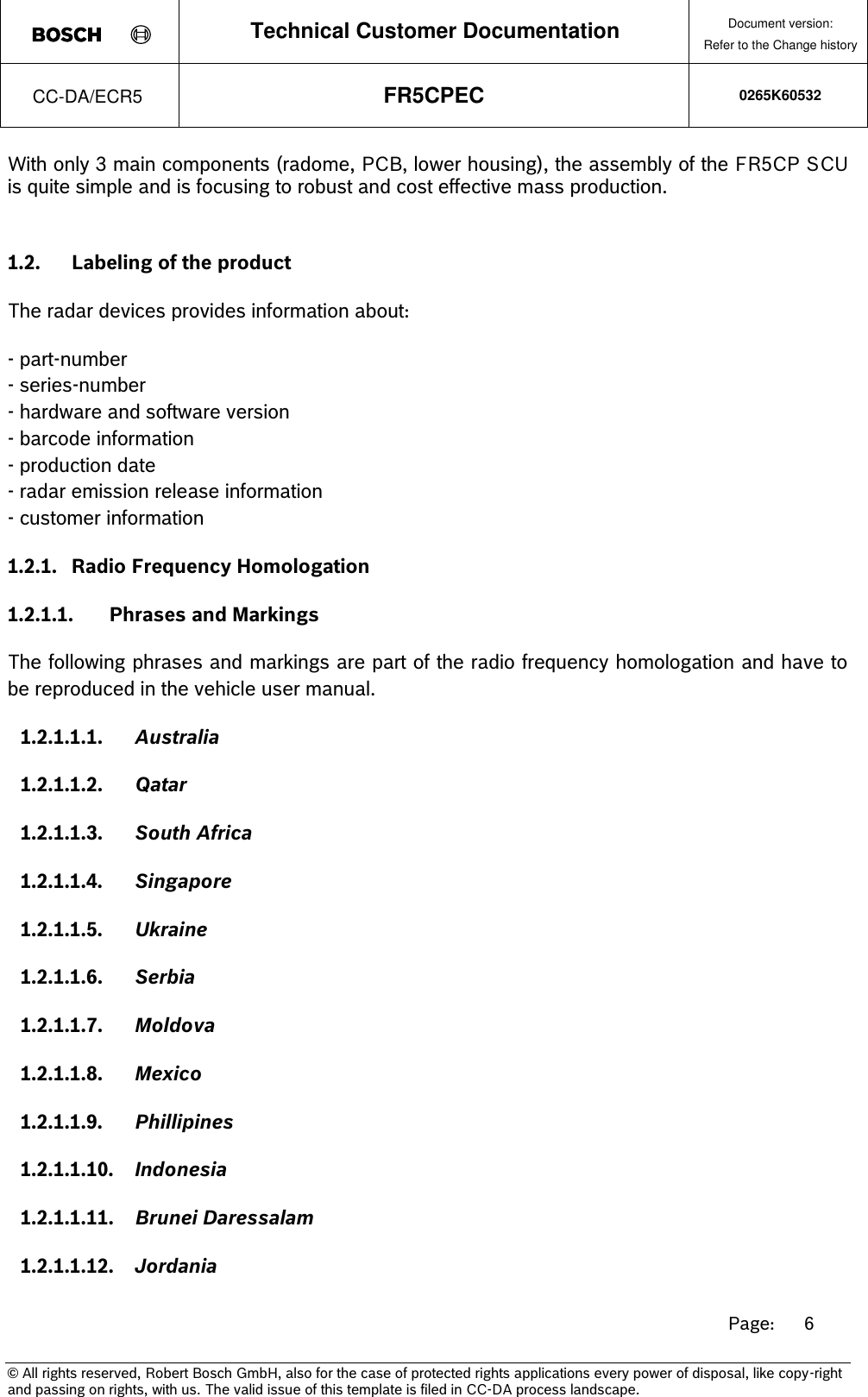 Page 6 of Robert Bosch FR5CPEC Radar sensor for vehicular use User Manual 