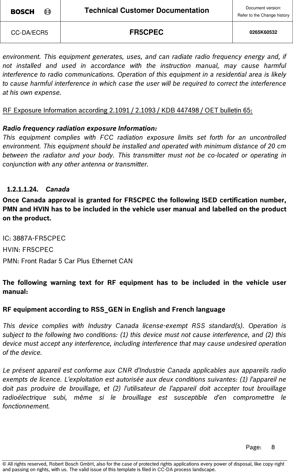 Page 8 of Robert Bosch FR5CPEC Radar sensor for vehicular use User Manual 