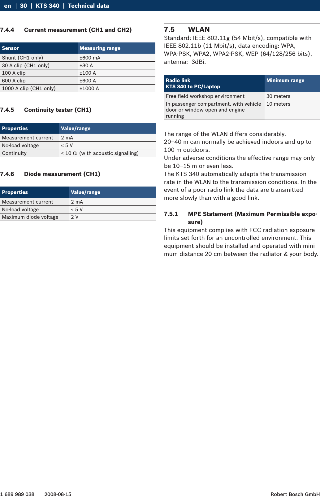 1 689 989 038 2008-08-15|  Robert Bosch GmbH30  |  KTS 340  |  Technical dataenCurrent measurement (CH1 and CH2)7.4.4 Sensor Measuring rangeShunt (CH1 only) ±600 mA30 A clip (CH1 only) ±30 A100 A clip ±100 A600 A clip ±600 A1000 A clip (CH1 only) ±1000 AContinuity tester (CH1)7.4.5 Properties Value/rangeMeasurement current 2 mANo-load voltage ≤ 5 VContinuity &lt; 10  (with acoustic signalling)Diode measurement (CH1)7.4.6 Properties Value/rangeMeasurement current 2 mANo-load voltage ≤ 5 VMaximum diode voltage 2 VWLAN7.5 Standard: IEEE 802.11g (54 Mbit/s), compatible with IEEE 802.11b (11 Mbit/s), data encoding: WPA,  WPA-PSK, WPA2, WPA2-PSK, WEP (64/128/256 bits), antenna: -3dBi.Radio link  KTS 340 to PC/LaptopMinimum rangeFree field workshop environment 30 metersIn passenger compartment, with vehicle  door or window open and engine running10 metersThe range of the WLAN differs considerably. 20–40 m can normally be achieved indoors and up to 100 m outdoors. Under adverse conditions the effective range may only be 10–15 m or even less.The KTS 340 automatically adapts the transmission rate in the WLAN to the transmission conditions. In the event of a poor radio link the data are transmittedmore slowly than with a good link.MPE Statement (Maximum Permissible expo-7.5.1 sure)This equipment complies with FCC radiation exposure limits set forth for an uncontrolled environment. This equipment should be installed and operated with mini-mum distance 20 cm between the radiator &amp; your body.§15B Statement7.5.2 This device complies with part 15 of the FCC Rules. Operation is subject to the condition that this device does not cause harmful interference.