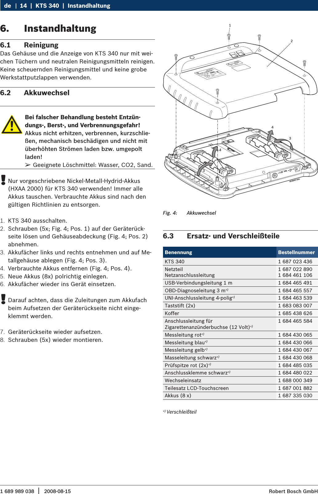 1 689 989 038 2008-08-15|  Robert Bosch GmbH14  |  KTS 340  |  InstandhaltungdeInstandhaltung6. Reinigung6.1 Das Gehäuse und die Anzeige von KTS 340 nur mit wei-chen Tüchern und neutralen Reinigungsmitteln reinigen. Keine scheuernden Reinigungsmittel und keine grobe Werkstattputzlappen verwenden.Akkuwechsel6.2 Bei falscher Behandlung besteht Entzün-dungs-, Berst-, und Verbrennungsgefahr!Akkus nicht erhitzen, verbrennen, kurzschlie-ßen, mechanisch beschädigen und nicht mit überhöhten Strömen laden bzw. umgepolt laden!Geeignete Löschmittel: Wasser, CO2, Sand. ¶Nur vorgeschriebene Nickel-Metall-Hydrid-Akkus  !(HXAA 2000) für KTS 340 verwenden! Immer alle Akkus tauschen. Verbrauchte Akkus sind nach den gültigen Richtlinien zu entsorgen.KTS 340 ausschalten.1. Schrauben (5x; Fig. 4; Pos. 1) auf der Geräterück-2. seite lösen und Gehäuseabdeckung (Fig. 4; Pos. 2) abnehmen.Akkufächer links und rechts entnehmen und auf Me-3. tallgehäuse ablegen (Fig. 4; Pos. 3).Verbrauchte Akkus entfernen (Fig. 4; Pos. 4).4. Neue Akkus (8x) polrichtig einlegen.5. Akkufächer wieder ins Gerät einsetzen.6. Darauf achten, dass die Zuleitungen zum Akkufach  !beim Aufsetzen der Geräterückseite nicht einge-klemmt werden.Geräterückseite wieder aufsetzen.7. Schrauben (5x) wieder montieren.8.   Best.-Nr.:  1 687 023 436  Best.-Nr.:  0 684 400 340  Typ:  KTS  340                 Serien-:Nr.                 FD: 2008-04  U(V);8-28 DC                P(W): 20                  PMade in Germany Robert Bosch GmbH D-73207 Plochingen                  F(Hz):                   430003520                FD;            2008-04BOSCH BOSCH ax. 28 Vm459843-3Ko143234AkkuwechselFig. 4: Ersatz- und Verschleißteile6.3 Benennung BestellnummerKTS 340 1 687 023 436NetzteilNetzanschlussleitung1 687 022 8901 684 461 106USB-Verbindungsleitung 1 m 1 684 465 491OBD-Diagnoseleitung 3 m&lt;) 1 684 465 557UNI-Anschlussleitung 4-polig&lt;) 1 684 463 539Taststift (2x) 1 683 083 007Koffer 1 685 438 626Anschlussleitung für Zigarettenanzünderbuchse (12 Volt)&lt;)1 684 465 584Messleitung rot&lt;) 1 684 430 065Messleitung blau&lt;) 1 684 430 066Messleitung gelb&lt;) 1 684 430 067Masseleitung schwarz&lt;) 1 684 430 068Prüfspitze rot (2x)&lt;) 1 684 485 035Anschlussklemme schwarz&lt;) 1 684 480 022Wechseleinsatz 1 688 000 349Teilesatz LCD-Touchscreen 1 687 001 882 Akkus (8 x) 1 687 335 030 &lt;) Verschleißteil