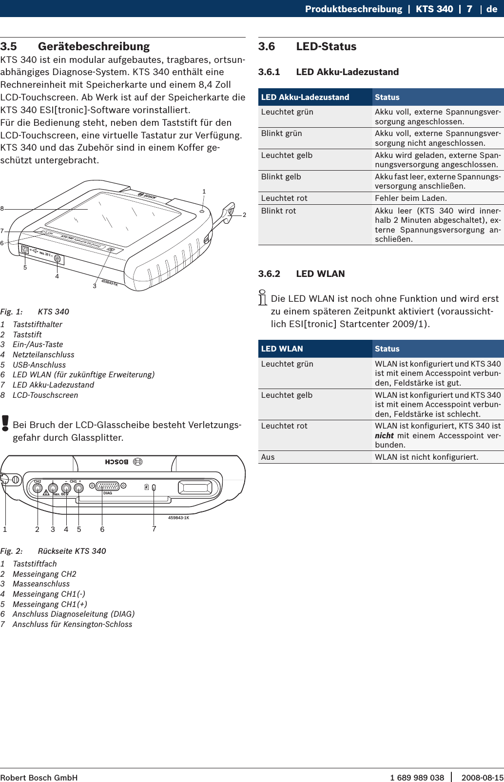 1 689 989 038 2008-08-15| Robert Bosch GmbHProduktbeschreibung  |  KTS 340  |  7KTS 340  |  7  |  7 deGerätebeschreibung3.5 KTS 340 ist ein modular aufgebautes, tragbares, ortsun-abhängiges Diagnose-System. KTS 340 enthält eine Rechnereinheit mit Speicherkarte und einem 8,4 Zoll LCD-Touchscreen. Ab Werk ist auf der Speicherkarte die KTS 340 ESI[tronic]-Software vorinstalliert. Für die Bedienung steht, neben dem Taststift für denLCD-Touchscreen, eine virtuelle Tastatur zur Verfügung.KTS 340 und das Zubehör sind in einem Koffer ge-schützt untergebracht.KTS 340 Powered by ESI   tronic  ax. 28 Vm459843-5K18765432KTS 340 Fig. 1: 1  Taststifthalter2  Taststift 3  Ein-/Aus-Taste 4  Netzteilanschluss5  USB-Anschluss6  LED WLAN (für zukünftige Erweiterung)7  LED Akku-Ladezustand8  LCD-TouschscreenBei Bruch der LCD-Glasscheibe besteht Verletzungs- !gefahr durch Glassplitter.CH2ax. 60 Vm DIAGCH1K459843-1K  1754326Rückseite KTS 340Fig. 2: 1  Taststiftfach2  Messeingang CH23  Masseanschluss4  Messeingang CH1(-) 5  Messeingang CH1(+)6  Anschluss Diagnoseleitung (DIAG)7  Anschluss für Kensington-SchlossLED-Status3.6 LED Akku-Ladezustand3.6.1 LED Akku-Ladezustand StatusLeuchtet grün Akku voll, externe Spannungsver-sorgung angeschlossen.Blinkt grün Akku voll, externe Spannungsver-sorgung nicht angeschlossen.Leuchtet gelb Akku wird geladen, externe Span-nungsversorgung angeschlossen.Blinkt gelb Akku fast leer, externe Spannungs-versorgung anschließen.Leuchtet rot Fehler beim Laden.Blinkt rot Akku  leer  (KTS  340  wird  inner-halb 2 Minuten abgeschaltet), ex-terne  Spannungsversorgung  an-schließen.LED WLAN3.6.2 Die LED WLAN ist noch ohne Funktion und wird erst  izu einem späteren Zeitpunkt aktiviert (voraussicht-lich ESI[tronic] Startcenter 2009/1).LED WLAN StatusLeuchtet grün WLAN ist konfiguriert und KTS 340 ist mit einem Accesspoint verbun-den, Feldstärke ist gut.Leuchtet gelb WLAN ist konfiguriert und KTS 340 ist mit einem Accesspoint verbun-den, Feldstärke ist schlecht.Leuchtet rot WLAN ist konfiguriert, KTS 340 ist nicht mit einem Accesspoint ver-bunden.Aus WLAN ist nicht konfiguriert.