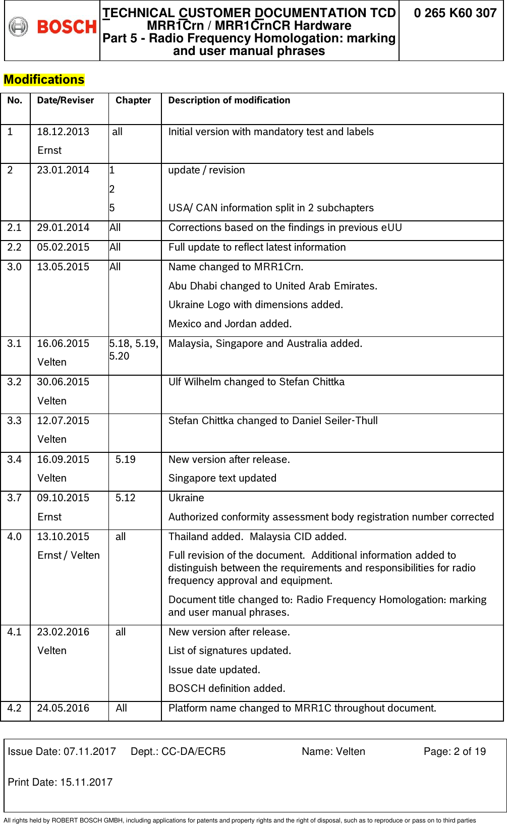   TECHNICAL CUSTOMER DOCUMENTATION TCD MRR1Crn / MRR1CrnCR Hardware Part 5 - Radio Frequency Homologation: marking and user manual phrases 0 265 K60 307  Issue Date: 07.11.2017 Dept.: CC-DA/ECR5 Name: Velten Page: 2 of 19 Print Date: 15.11.2017               All rights held by ROBERT BOSCH GMBH, including applications for patents and property rights and the right of disposal, such as to reproduce or pass on to third parties Modifications No. Date/Reviser Chapter Description of modification 1 18.12.2013 Ernst  all Initial version with mandatory test and labels 2 23.01.2014 1 2 5 update / revision   USA/ CAN information split in 2 subchapters  2.1 29.01.2014 All Corrections based on the findings in previous eUU 2.2 05.02.2015 All Full update to reflect latest information 3.0 13.05.2015  All Name changed to MRR1Crn. Abu Dhabi changed to United Arab Emirates. Ukraine Logo with dimensions added. Mexico and Jordan added. 3.1  16.06.2015 Velten 5.18, 5.19, 5.20 Malaysia, Singapore and Australia added. 3.2 30.06.2015 Velten  Ulf Wilhelm changed to Stefan Chittka 3.3 12.07.2015 Velten  Stefan Chittka changed to Daniel Seiler-Thull 3.4 16.09.2015 Velten 5.19 New version after release. Singapore text updated 3.7 09.10.2015 Ernst 5.12 Ukraine Authorized conformity assessment body registration number corrected  4.0 13.10.2015 Ernst / Velten all Thailand added.  Malaysia CID added. Full revision of the document.  Additional information added to distinguish between the requirements and responsibilities for radio frequency approval and equipment. Document title changed to: Radio Frequency Homologation: marking and user manual phrases. 4.1 23.02.2016 Velten all New version after release. List of signatures updated. Issue date updated. BOSCH definition added. 4.2 24.05.2016 All Platform name changed to MRR1C throughout document. 