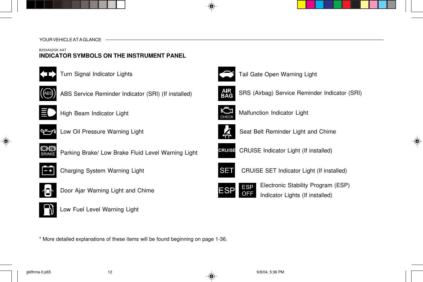 YOUR VEHICLE AT A GLANCEB255A02GK-AATINDICATOR SYMBOLS ON THE INSTRUMENT PANEL* More detailed explanations of these items will be found beginning on page 1-36.Malfunction Indicator LightSRS (Airbag) Service Reminder Indicator (SRI)Tail Gate Open Warning LightLow Fuel Level Warning LightDoor Ajar Warning Light and ChimeABS Service Reminder Indicator (SRI) (If installed)Turn Signal Indicator LightsHigh Beam Indicator LightLow Oil Pressure Warning LightParking Brake/ Low Brake Fluid Level Warning LightCharging System Warning LightCRUISE Indicator Light (If installed)Seat Belt Reminder Light and ChimeCRUISE SET Indicator Light (If installed)Electronic Stability Program (ESP)Indicator Lights (If installed)gkflhma-0.p65 9/8/04, 5:36 PM12