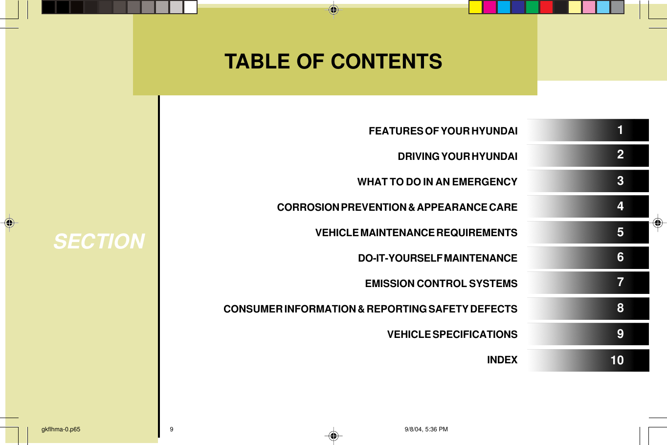 TABLE OF CONTENTSSECTION51234678910FEATURES OF YOUR HYUNDAIDRIVING YOUR HYUNDAIWHAT TO DO IN AN EMERGENCYCORROSION PREVENTION &amp; APPEARANCE CAREVEHICLE MAINTENANCE REQUIREMENTSDO-IT-YOURSELF MAINTENANCEEMISSION CONTROL SYSTEMSCONSUMER INFORMATION &amp; REPORTING SAFETY DEFECTSVEHICLE SPECIFICATIONSINDEXgkflhma-0.p65 9/8/04, 5:36 PM9