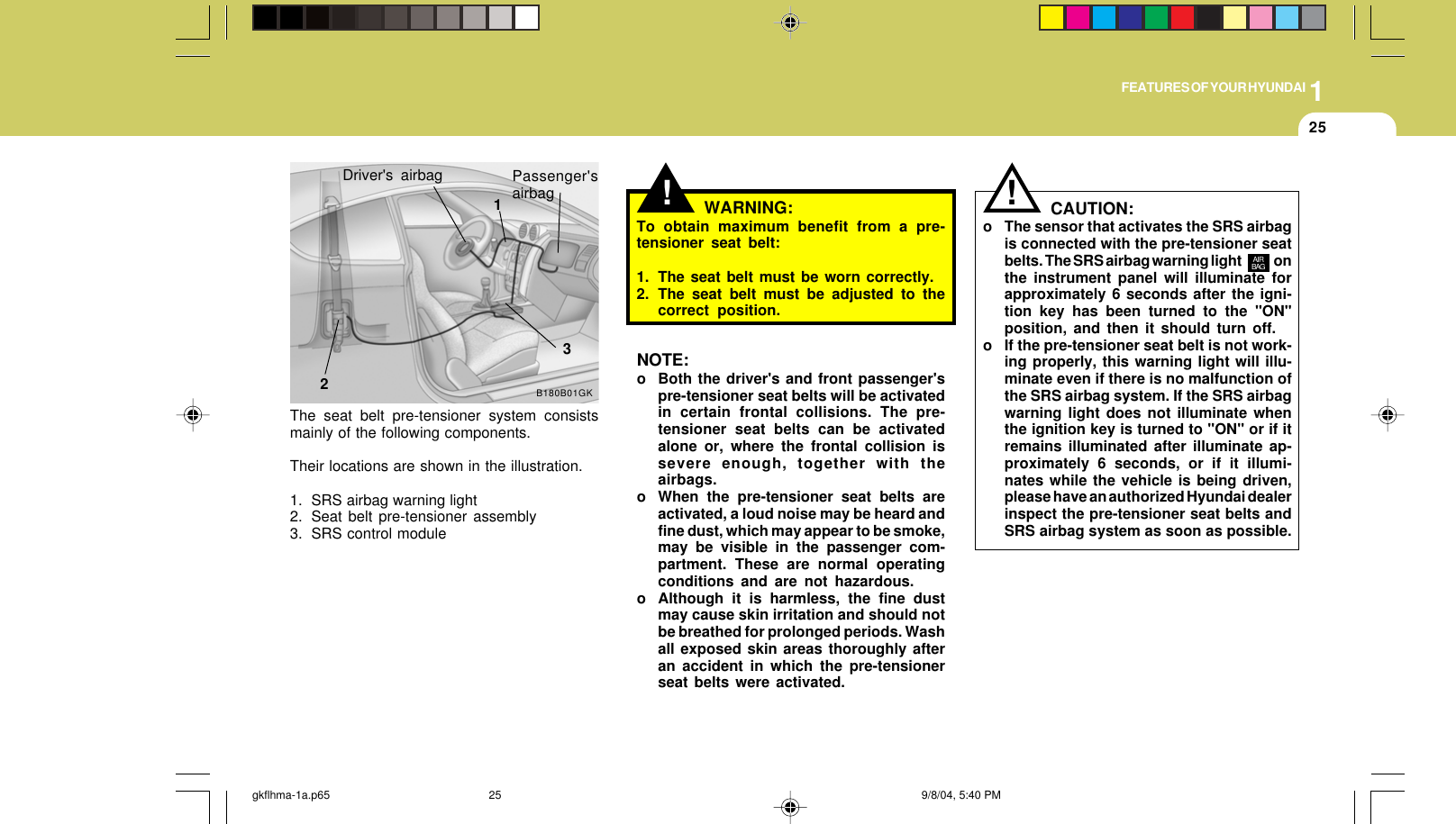 1FEATURES OF YOUR HYUNDAI25NOTE:o Both the driver&apos;s and front passenger&apos;spre-tensioner seat belts will be activatedin certain frontal collisions. The pre-tensioner seat belts can be activatedalone or, where the frontal collision issevere enough, together with theairbags.o When the pre-tensioner seat belts areactivated, a loud noise may be heard andfine dust, which may appear to be smoke,may be visible in the passenger com-partment. These are normal operatingconditions and are not hazardous.o Although it is harmless, the fine dustmay cause skin irritation and should notbe breathed for prolonged periods. Washall exposed skin areas thoroughly afteran accident in which the pre-tensionerseat belts were activated.!WARNING:To obtain maximum benefit from a pre-tensioner seat belt:1. The seat belt must be worn correctly.2. The seat belt must be adjusted to thecorrect position.CAUTION:o The sensor that activates the SRS airbagis connected with the pre-tensioner seatbelts. The SRS airbag warning light                onthe instrument panel will illuminate forapproximately 6 seconds after the igni-tion key has been turned to the &quot;ON&quot;position, and then it should turn off.o If the pre-tensioner seat belt is not work-ing properly, this warning light will illu-minate even if there is no malfunction ofthe SRS airbag system. If the SRS airbagwarning light does not illuminate whenthe ignition key is turned to &quot;ON&quot; or if itremains illuminated after illuminate ap-proximately 6 seconds, or if it illumi-nates while the vehicle is being driven,please have an authorized Hyundai dealerinspect the pre-tensioner seat belts andSRS airbag system as soon as possible.!AIRBAGThe seat belt pre-tensioner system consistsmainly of the following components.Their locations are shown in the illustration.1. SRS airbag warning light2. Seat belt pre-tensioner assembly3. SRS control moduleDriver&apos;s airbagB180B01GK23Passenger&apos;sairbag1gkflhma-1a.p65 9/8/04, 5:40 PM25