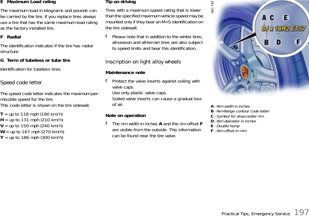 Practical Tips, Emergency Service 197E Maximum Load ratingThe maximum load in kilograms and pounds can be carried by the tire. If you replace tires always use a tire that has the same maximum load rating as the factory installed tire.FRadialThe identification indicates if the tire has radial structure.G Term of tubeless or tube tireIdentification for tubeless tires.Speed code letterThe speed code letter indicates the maximum per-missible speed for the tire.This code letter is shown on the tire sidewall.T = up to 118 mph (190 km/h)H = up to 131 mph (210 km/h)V = up to 150 mph (240 km/h)W = up to 167 mph (270 km/h)Y = up to 186 mph (300 km/h)Tip on drivingTires with a maximum speed rating that is lower than the specified maximum vehicle speed may be mounted only if they bear an M+S identification on the tire sidewall.fPlease note that in addition to the winter tires, all-season and all-terrain tires are also subject to speed limits and bear this identification.Inscription on light alloy wheelsMaintenance notefProtect the valve inserts against soiling with valve caps.Use only plastic valve caps.Soiled valve inserts can cause a gradual loss of air.Note on operationfThe rim width in inches A and the rim offset F are visible from the outside. This information can be found near the tire valve.A-Rim width in inchesB- Rim-flange contour code letterC- Symbol for drop-center rimD- Rim diameter in inchesE-Double humpF- Rim offset in mm