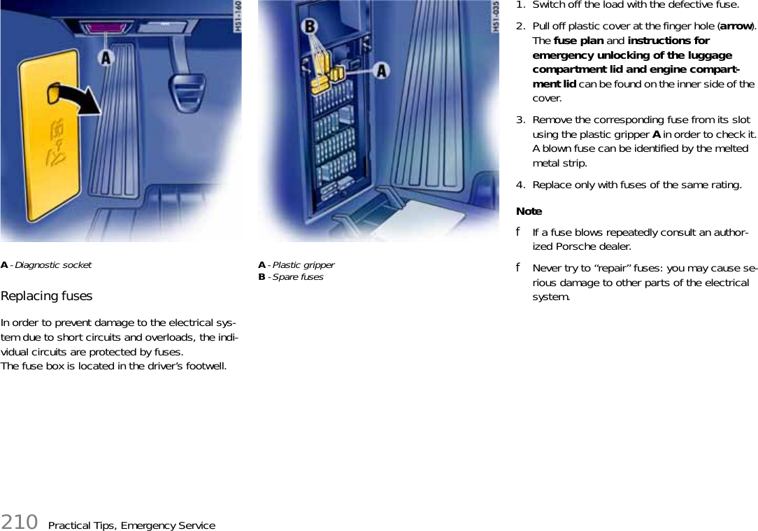 210 Practical Tips, Emergency ServiceA - Diagnostic socket Replacing fuses In order to prevent damage to the electrical sys-tem due to short circuits and overloads, the indi-vidual circuits are protected by fuses.The fuse box is located in the driver’s footwell. A - Plastic gripperB - Spare fuses 1. Switch off the load with the defective fuse.2. Pull off plastic cover at the finger hole (arrow).The fuse plan and instructions for emergency unlocking of the luggage compartment lid and engine compart-ment lid can be found on the inner side of the cover.3. Remove the corresponding fuse from its slot using the plastic gripper A in order to check it.A blown fuse can be identified by the melted metal strip.4. Replace only with fuses of the same rating.NotefIf a fuse blows repeatedly consult an author-ized Porsche dealer.fNever try to “repair” fuses: you may cause se-rious damage to other parts of the electrical system.