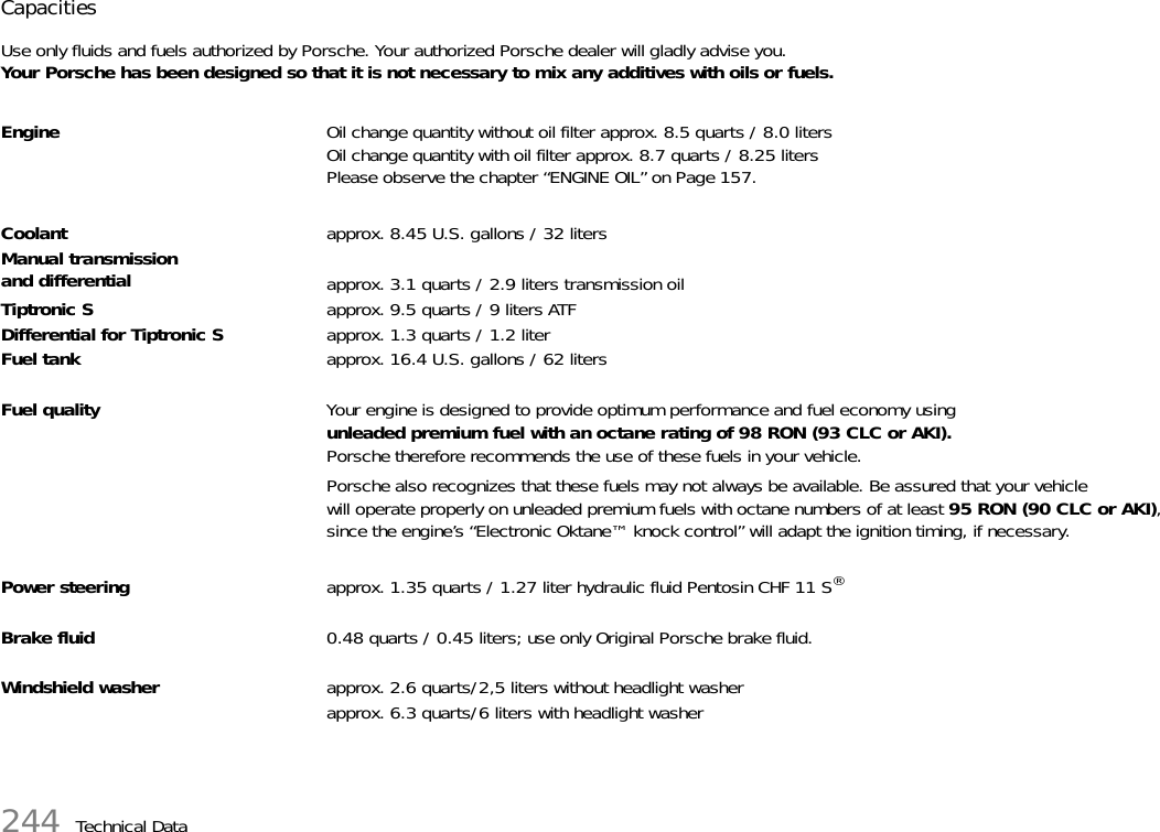 244 Technical DataCapacitiesUse only fluids and fuels authorized by Porsche. Your authorized Porsche dealer will gladly advise you.Your Porsche has been designed so that it is not necessary to mix any additives with oils or fuels. Engine Oil change quantity without oil filter approx. 8.5 quarts / 8.0 liters Oil change quantity with oil filter approx. 8.7 quarts / 8.25 liters Please observe the chapter “ENGINE OIL” on Page 157. Coolant approx. 8.45 U.S. gallons / 32 liters Manual transmission and differential approx. 3.1 quarts / 2.9 liters transmission oilTiptronic S approx. 9.5 quarts / 9 liters ATFDifferential for Tiptronic S approx. 1.3 quarts / 1.2 literFuel tank  approx. 16.4 U.S. gallons / 62 litersFuel quality Your engine is designed to provide optimum performance and fuel economy using unleaded premium fuel with an octane rating of 98 RON (93 CLC or AKI). Porsche therefore recommends the use of these fuels in your vehicle. Porsche also recognizes that these fuels may not always be available. Be assured that your vehicle will operate properly on unleaded premium fuels with octane numbers of at least 95 RON (90 CLC or AKI), since the engine’s “Electronic Oktane™ knock control” will adapt the ignition timing, if necessary. Power steering approx. 1.35 quarts / 1.27 liter hydraulic fluid Pentosin CHF 11 S® Brake fluid 0.48 quarts / 0.45 liters; use only Original Porsche brake fluid. Windshield washer approx. 2.6 quarts/2,5 liters without headlight washerapprox. 6.3 quarts/6 liters with headlight washer 