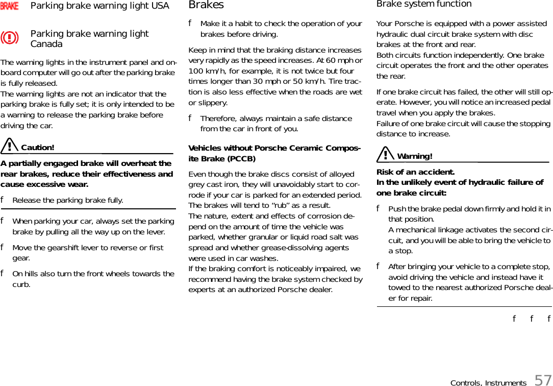 Controls, Instruments 57The warning lights in the instrument panel and on-board computer will go out after the parking brake is fully released.The warning lights are not an indicator that the parking brake is fully set; it is only intended to be a warning to release the parking brake before driving the car. Caution! A partially engaged brake will overheat the rear brakes, reduce their effectiveness and cause excessive wear. fRelease the parking brake fully. fWhen parking your car, always set the parking brake by pulling all the way up on the lever. fMove the gearshift lever to reverse or first gear. fOn hills also turn the front wheels towards the curb. Brakes fMake it a habit to check the operation of your brakes before driving.Keep in mind that the braking distance increases very rapidly as the speed increases. At 60 mph or 100 km/h, for example, it is not twice but four times longer than 30 mph or 50 km/h. Tire trac-tion is also less effective when the roads are wet or slippery. fTherefore, always maintain a safe distance from the car in front of you. Vehicles without Porsche Ceramic Compos-ite Brake (PCCB)Even though the brake discs consist of alloyed grey cast iron, they will unavoidably start to cor-rode if your car is parked for an extended period. The brakes will tend to “rub” as a result.The nature, extent and effects of corrosion de-pend on the amount of time the vehicle was parked, whether granular or liquid road salt was spread and whether grease-dissolving agents were used in car washes.If the braking comfort is noticeably impaired, we recommend having the brake system checked by experts at an authorized Porsche dealer. Brake system function Your Porsche is equipped with a power assisted hydraulic dual circuit brake system with disc brakes at the front and rear. Both circuits function independently. One brake circuit operates the front and the other operates the rear. If one brake circuit has failed, the other will still op-erate. However, you will notice an increased pedal travel when you apply the brakes.Failure of one brake circuit will cause the stopping distance to increase.  Warning!Risk of an accident.In the unlikely event of hydraulic failure of one brake circuit: fPush the brake pedal down firmly and hold it in that position. A mechanical linkage activates the second cir-cuit, and you will be able to bring the vehicle to a stop. fAfter bringing your vehicle to a complete stop, avoid driving the vehicle and instead have it towed to the nearest authorized Porsche deal-er for repair. f   f   fParking brake warning light USAParking brake warning lightCanada 