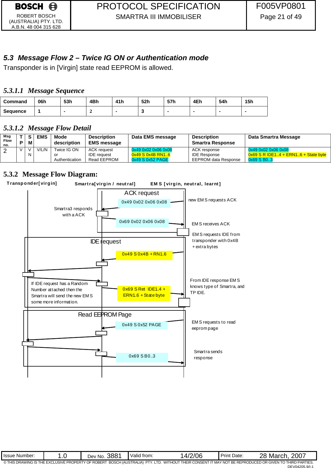     PROTOCOL SPECIFICATION  F005VP0801 ROBERT BOSCH (AUSTRALIA) PTY. LTD. A.B.N. 48 004 315 628 SMARTRA III IMMOBILISER  Page 21 of 49   Issue Number:  1.0  Dev No. 3881  Valid from:  14/2/06  Print Date:  28 March, 2007 © THIS DRAWING IS THE EXCLUSIVE PROPERTY OF ROBERT  BOSCH (AUSTRALIA)  PTY. LTD.  WITHOUT THEIR CONSENT IT MAY NOT BE REPRODUCED OR GIVEN TO THIRD PARTIES. DEV04205.9/I-1  5.3  Message Flow 2 – Twice IG ON or Authentication mode Transponder is in [Virgin] state read EEPROM is allowed.  5.3.1.1 Message Sequence Command  06h 53h  4Bh  41h  52h  57h 4Eh  54h  15h Sequence 1 -  2  - 3 -  -  -  - 5.3.1.2 Message Flow Detail Msg Flow no. TP  SM  EMS Mode description  Description EMS message  Data EMS message  Description Smartra Response  Data Smartra Message 2  V  V N  V/L/N  Twice IG ON or Authentication ACK request IDE request Read EEPROM  0x49 0x02 0x06 0x08 0x49 S 0x4B RN1..6 0x49 S 0x52 PAGE ACK response IDE Response EEPROM data Response 0x49 0x02 0x06 0x08 0x69 S R IDE1..4 + ERN1..6 + State byte 0x69 S B0..3 5.3.2 Message Flow Diagram:                            ACK requestIDE requestRead EEPROM PageTransponder[virgin] Smartra[virgin / neutral]new EM S req uest s ACK0x69 0x02 0x06 0x080x49 0x02 0x06 0x080x49 S 0x4B + RN1..6If  IDE request  has a Random Number at t ached then t he Smart ra will send t he new EM S some more information.0x69 S Ret  IDE1..4 + ERN1..6  + St at e byt e0x49 S 0x52 PAGE0x69 S B0..3EM S request s t o read eeprom pageEM S [virgin, neutral, learnt]Smart ra sends responseSmart ra3 responds with a ACKEM S receives ACKEM S requests IDE f rom t ransponder with 0x4B + ext ra byt esFrom IDE response EM S knows t ype of  Smart ra, and TP IDE. 