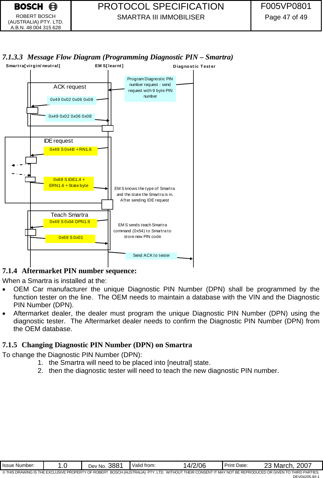     PROTOCOL SPECIFICATION  F005VP0801 ROBERT BOSCH (AUSTRALIA) PTY. LTD. A.B.N. 48 004 315 628 SMARTRA III IMMOBILISER  Page 47 of 49   Issue Number:  1.0  Dev No. 3881  Valid from:  14/2/06  Print Date:  23 March, 2007 © THIS DRAWING IS THE EXCLUSIVE PROPERTY OF ROBERT  BOSCH (AUSTRALIA)  PTY. LTD.  WITHOUT THEIR CONSENT IT MAY NOT BE REPRODUCED OR GIVEN TO THIRD PARTIES. DEV04205.9/I-1  7.1.3.3 Message Flow Diagram (Programming Diagnostic PIN – Smartra)                          7.1.4 Aftermarket PIN number sequence: When a Smartra is installed at the: •  OEM Car manufacturer the unique Diagnostic PIN Number (DPN) shall be programmed by the function tester on the line.  The OEM needs to maintain a database with the VIN and the Diagnostic PIN Number (DPN). •  Aftermarket dealer, the dealer must program the unique Diagnostic PIN Number (DPN) using the diagnostic tester.  The Aftermarket dealer needs to confirm the Diagnostic PIN Number (DPN) from the OEM database. 7.1.5 Changing Diagnostic PIN Number (DPN) on Smartra To change the Diagnostic PIN Number (DPN): 1.  the Smartra will need to be placed into [neutral] state. 2.  then the diagnostic tester will need to teach the new diagnostic PIN number. ACK requestEM S[learnt]0x49 0x02 0x06 0x08Smartra[virgin/neutral] Diagnostic TesterPro g ram Diag nost ic PIN number request - send request with 9 byte PIN number0x69 S IDE1..4 + ERN1..6 + State byte0x49 S 0x4B  + RN1..6IDE request0x69 S 0x010x49 S 0x54 DPN1..9 EM S sends t each Smart ra command (0x54) t o Smart ra t o store new PIN codeTeach SmartraSend ACK to t est er0x49 0x02 0x06 0x08EM S knows t he type of Smartra and t he st ate t he Smart ra is in.  After sending IDE request