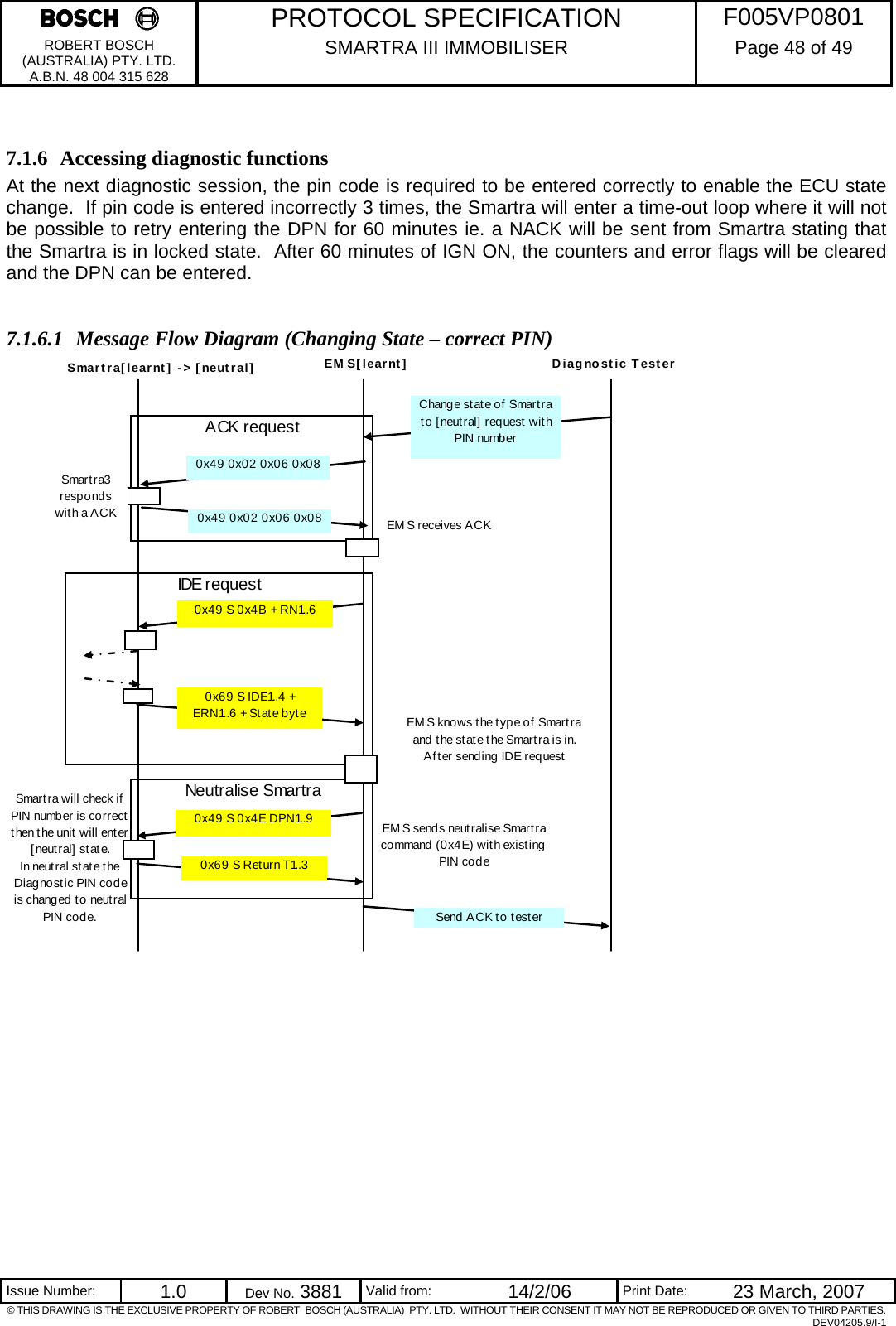     PROTOCOL SPECIFICATION  F005VP0801 ROBERT BOSCH (AUSTRALIA) PTY. LTD. A.B.N. 48 004 315 628 SMARTRA III IMMOBILISER  Page 48 of 49   Issue Number:  1.0  Dev No. 3881  Valid from:  14/2/06  Print Date:  23 March, 2007 © THIS DRAWING IS THE EXCLUSIVE PROPERTY OF ROBERT  BOSCH (AUSTRALIA)  PTY. LTD.  WITHOUT THEIR CONSENT IT MAY NOT BE REPRODUCED OR GIVEN TO THIRD PARTIES. DEV04205.9/I-1  7.1.6 Accessing diagnostic functions At the next diagnostic session, the pin code is required to be entered correctly to enable the ECU state change.  If pin code is entered incorrectly 3 times, the Smartra will enter a time-out loop where it will not be possible to retry entering the DPN for 60 minutes ie. a NACK will be sent from Smartra stating that the Smartra is in locked state.  After 60 minutes of IGN ON, the counters and error flags will be cleared and the DPN can be entered.  7.1.6.1 Message Flow Diagram (Changing State – correct PIN)                                Neutralise SmartraACK requestEM S[learnt]0x49 0x02 0x06 0x08Smartra[learnt] -&gt; [neutral] Diagnostic TesterChange st at e of  Smart ra to [neutral] request with PIN number0x69 S IDE1..4 + ERN1..6 + St ate byte0x49 S 0x4B + RN1..6IDE request0x69 S Return T1..30x49 S 0x4E DPN1..9 EM S sends neut ralise Smart ra command (0x4E) with existing PIN codeSend ACK to testerSmart ra will check if PIN number is correct t hen t he unit  will ent er [ neut ral]  st at e.In neut ral st ate t he Diagnost ic PIN code is changed to neut ral PIN code.EM S receives ACKSmart ra3 responds with a ACK 0x49 0x02 0x06 0x08EM S knows t he t ype of Smart ra and the stat e t he Smart ra is in.  Af t er sending IDE req uest