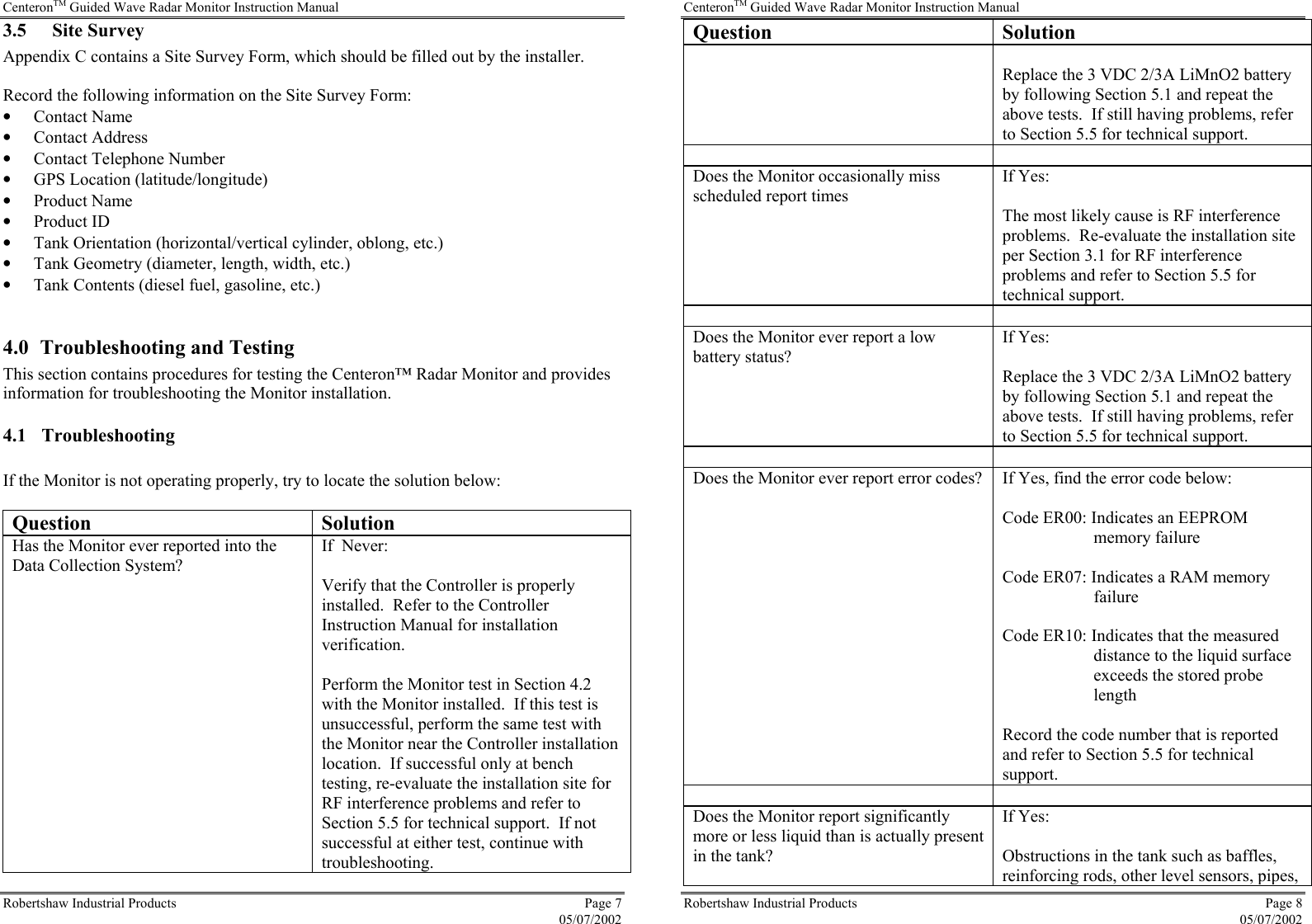 CenteronTM Guided Wave Radar Monitor Instruction Manual Robertshaw Industrial Products  Page 7  05/07/2002 3.5 Site Survey Appendix C contains a Site Survey Form, which should be filled out by the installer.  Record the following information on the Site Survey Form: •  Contact Name •  Contact Address •  Contact Telephone Number •  GPS Location (latitude/longitude) •  Product Name •  Product ID •  Tank Orientation (horizontal/vertical cylinder, oblong, etc.) •  Tank Geometry (diameter, length, width, etc.) •  Tank Contents (diesel fuel, gasoline, etc.)  4.0  Troubleshooting and Testing This section contains procedures for testing the Centeron™ Radar Monitor and provides information for troubleshooting the Monitor installation. 4.1 Troubleshooting  If the Monitor is not operating properly, try to locate the solution below:  Question Solution Has the Monitor ever reported into the Data Collection System? If  Never:  Verify that the Controller is properly installed.  Refer to the Controller Instruction Manual for installation verification.  Perform the Monitor test in Section 4.2 with the Monitor installed.  If this test is unsuccessful, perform the same test with the Monitor near the Controller installation location.  If successful only at bench testing, re-evaluate the installation site for RF interference problems and refer to Section 5.5 for technical support.  If not successful at either test, continue with troubleshooting. CenteronTM Guided Wave Radar Monitor Instruction Manual Robertshaw Industrial Products  Page 8  05/07/2002 Question Solution  Replace the 3 VDC 2/3A LiMnO2 battery by following Section 5.1 and repeat the above tests.  If still having problems, refer to Section 5.5 for technical support.   Does the Monitor occasionally miss scheduled report times If Yes:  The most likely cause is RF interference problems.  Re-evaluate the installation site per Section 3.1 for RF interference problems and refer to Section 5.5 for technical support.   Does the Monitor ever report a low battery status? If Yes:  Replace the 3 VDC 2/3A LiMnO2 battery by following Section 5.1 and repeat the above tests.  If still having problems, refer to Section 5.5 for technical support.   Does the Monitor ever report error codes?  If Yes, find the error code below:  Code ER00: Indicates an EEPROM memory failure  Code ER07: Indicates a RAM memory failure  Code ER10: Indicates that the measured distance to the liquid surface exceeds the stored probe length  Record the code number that is reported and refer to Section 5.5 for technical support.   Does the Monitor report significantly more or less liquid than is actually present in the tank? If Yes:  Obstructions in the tank such as baffles, reinforcing rods, other level sensors, pipes, 