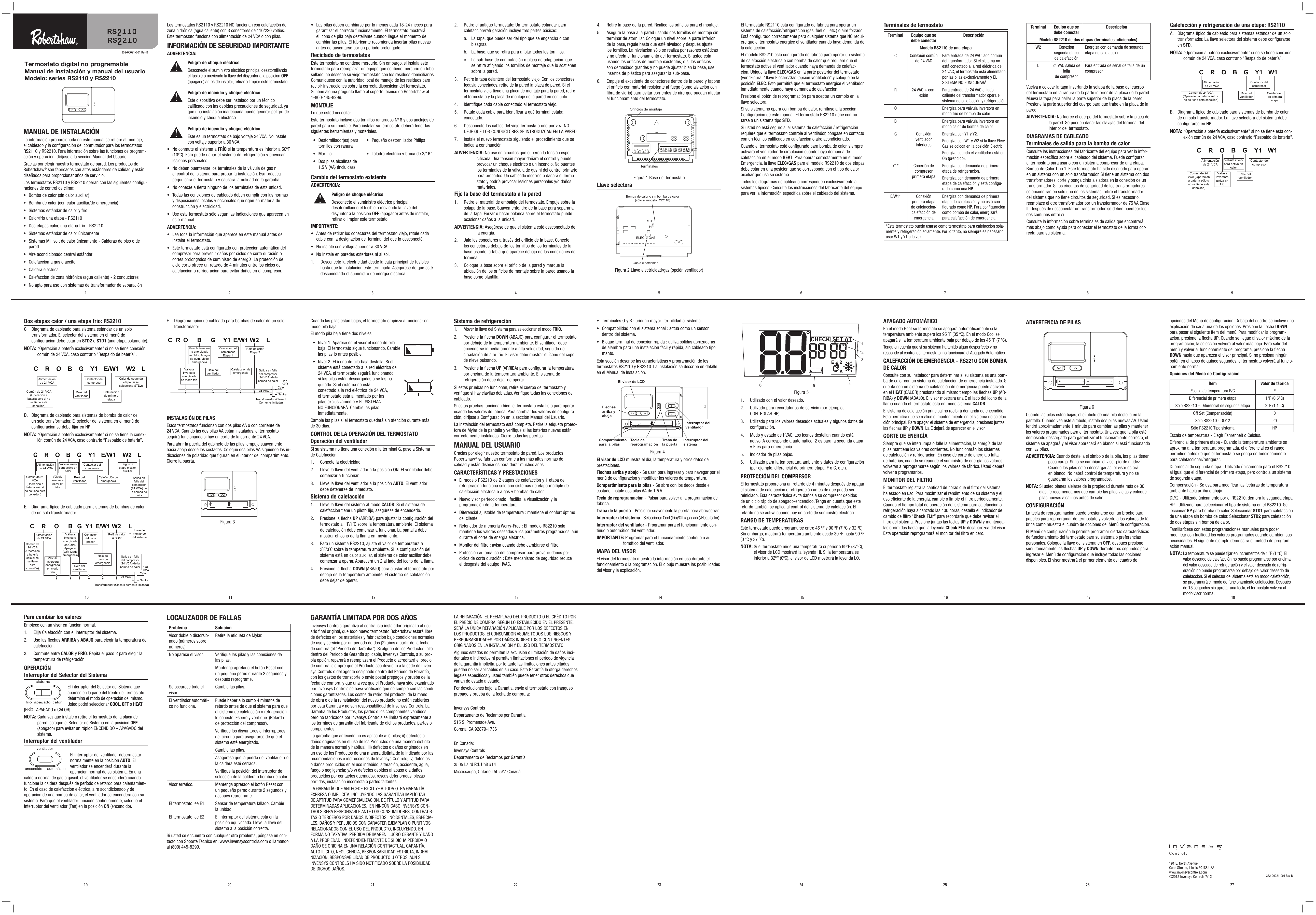 Robertshaw Thermostat Rs2110 User Manuals