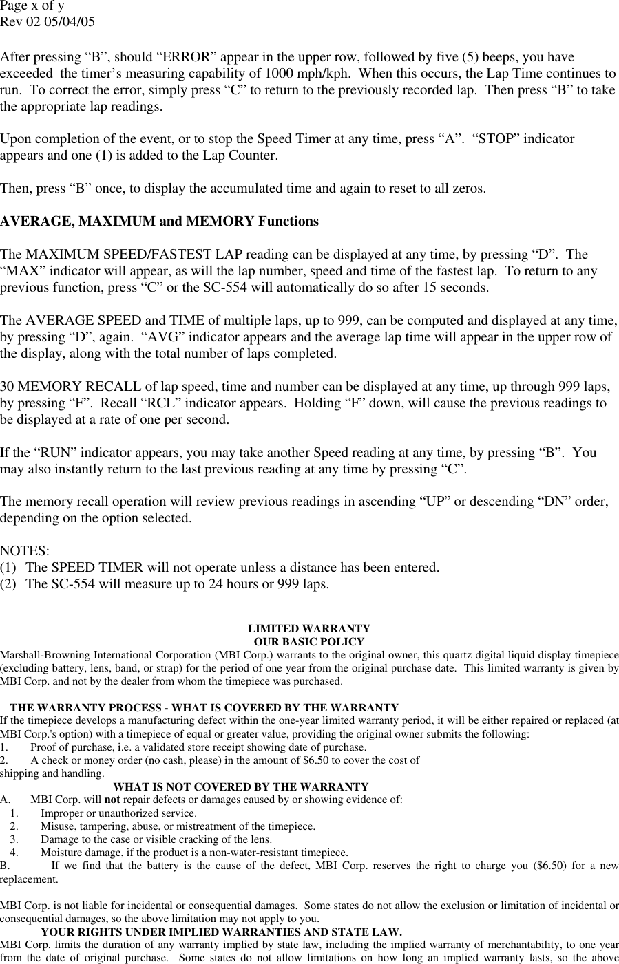 Page 8 of 9 - Robic Robic-Timer-Sc-554-Users-Manual- SC-554/SC-606 Instructions  Robic-timer-sc-554-users-manual