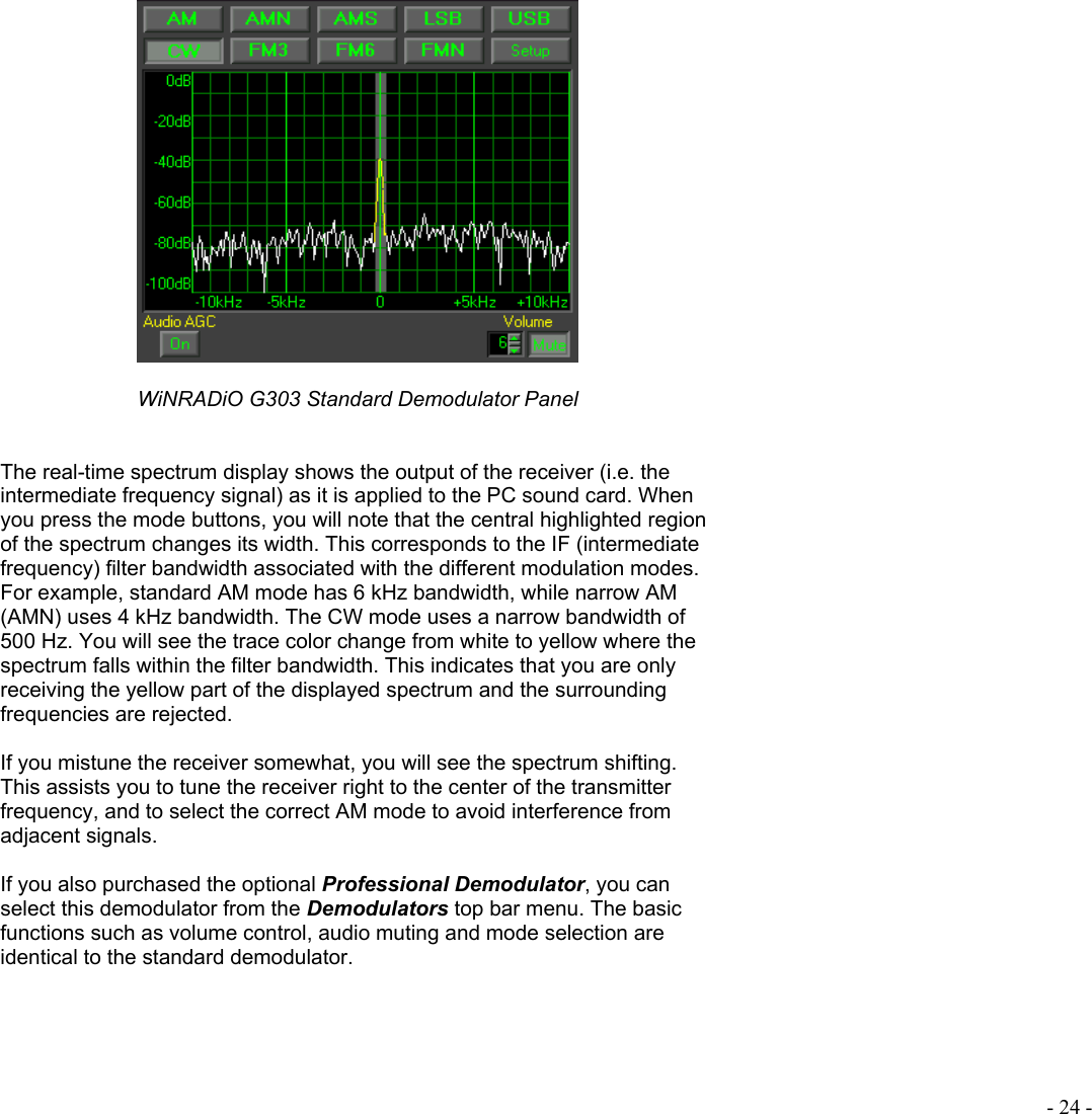  - 24 -   WiNRADiO G303 Standard Demodulator Panel   The real-time spectrum display shows the output of the receiver (i.e. the intermediate frequency signal) as it is applied to the PC sound card. When you press the mode buttons, you will note that the central highlighted region of the spectrum changes its width. This corresponds to the IF (intermediate frequency) filter bandwidth associated with the different modulation modes. For example, standard AM mode has 6 kHz bandwidth, while narrow AM (AMN) uses 4 kHz bandwidth. The CW mode uses a narrow bandwidth of 500 Hz. You will see the trace color change from white to yellow where the spectrum falls within the filter bandwidth. This indicates that you are only receiving the yellow part of the displayed spectrum and the surrounding frequencies are rejected.  If you mistune the receiver somewhat, you will see the spectrum shifting. This assists you to tune the receiver right to the center of the transmitter frequency, and to select the correct AM mode to avoid interference from adjacent signals.  If you also purchased the optional Professional Demodulator, you can select this demodulator from the Demodulators top bar menu. The basic functions such as volume control, audio muting and mode selection are identical to the standard demodulator.   