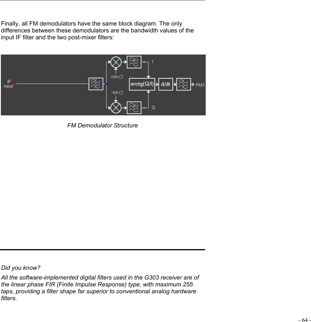   - 64 -   Finally, all FM demodulators have the same block diagram. The only differences between these demodulators are the bandwidth values of the input IF filter and the two post-mixer filters:     FM Demodulator Structure                    Did you know? All the software-implemented digital filters used in the G303 receiver are of the linear phase FIR (Finite Impulse Response) type, with maximum 255 taps, providing a filter shape far superior to conventional analog hardware filters.  