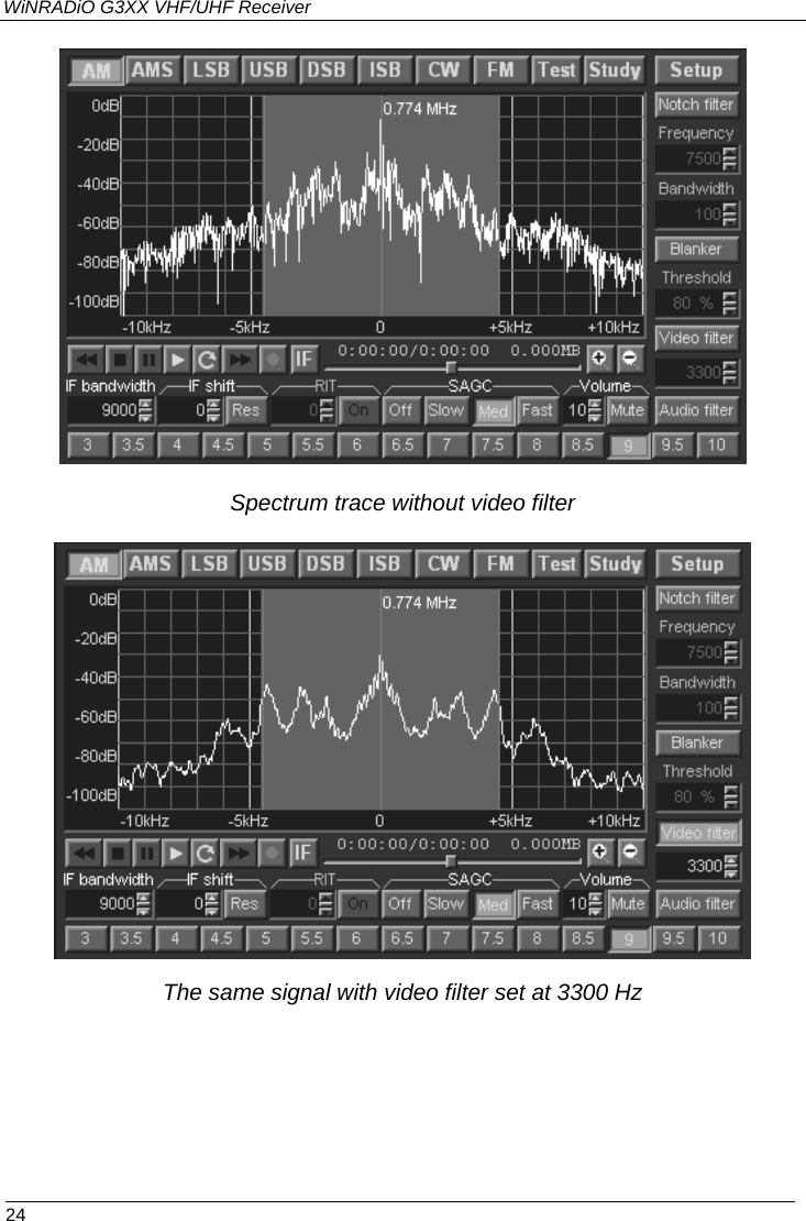 WiNRADiO G3XX VHF/UHF Receiver    Spectrum trace without video filter    The same signal with video filter set at 3300 Hz  24 