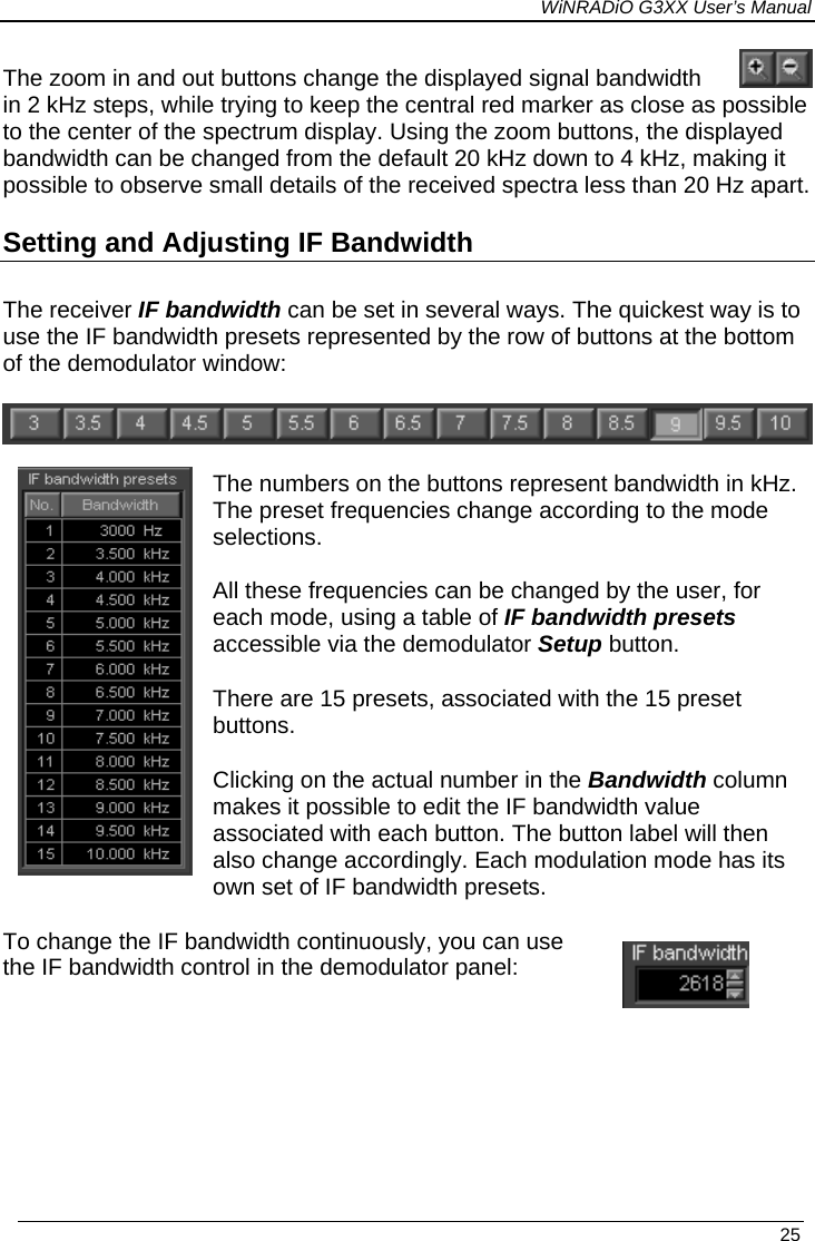 WiNRADiO G3XX User’s Manual   25 The zoom in and out buttons change the displayed signal bandwidth in 2 kHz steps, while trying to keep the central red marker as close as possible to the center of the spectrum display. Using the zoom buttons, the displayed bandwidth can be changed from the default 20 kHz down to 4 kHz, making it possible to observe small details of the received spectra less than 20 Hz apart.  Setting and Adjusting IF Bandwidth The receiver IF bandwidth can be set in several ways. The quickest way is to use the IF bandwidth presets represented by the row of buttons at the bottom of the demodulator window:    The numbers on the buttons represent bandwidth in kHz. The preset frequencies change according to the mode selections.   All these frequencies can be changed by the user, for each mode, using a table of IF bandwidth presets accessible via the demodulator Setup button. There are 15 presets, associated with the 15 preset buttons.  Clicking on the actual number in the Bandwidth column makes it possible to edit the IF bandwidth value associated with each button. The button label will then also change accordingly. Each modulation mode has its own set of IF bandwidth presets. To change the IF bandwidth continuously, you can use the IF bandwidth control in the demodulator panel:                    