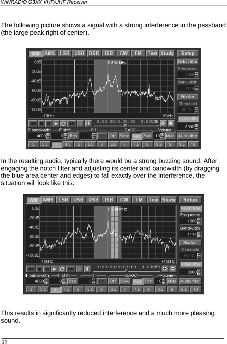 WiNRADiO G3XX VHF/UHF Receiver  The following picture shows a signal with a strong interference in the passband (the large peak right of center).  In the resulting audio, typically there would be a strong buzzing sound. After engaging the notch filter and adjusting its center and bandwidth (by dragging the blue area center and edges) to fall exactly over the interference, the situation will look like this:   This results in significantly reduced interference and a much more pleasing sound.  32 