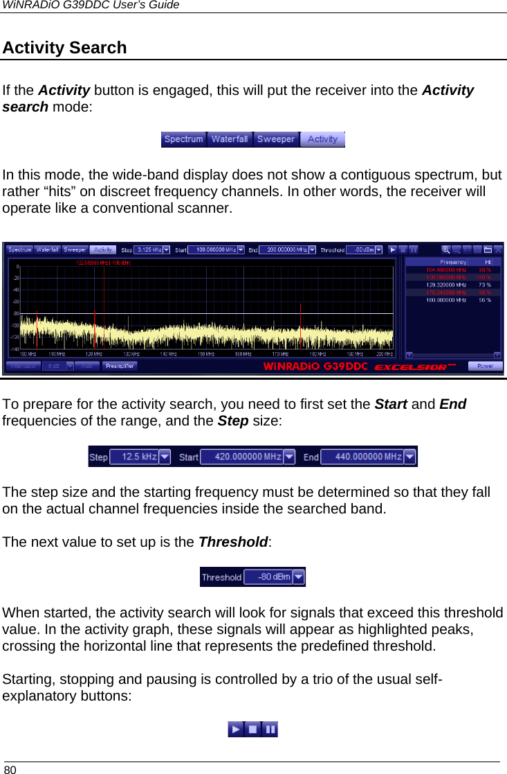 WiNRADiO G39DDC User’s Guide  80  Activity Search If the Activity button is engaged, this will put the receiver into the Activity search mode:  In this mode, the wide-band display does not show a contiguous spectrum, but rather “hits” on discreet frequency channels. In other words, the receiver will operate like a conventional scanner.   To prepare for the activity search, you need to first set the Start and End frequencies of the range, and the Step size:    The step size and the starting frequency must be determined so that they fall on the actual channel frequencies inside the searched band.   The next value to set up is the Threshold:    When started, the activity search will look for signals that exceed this threshold value. In the activity graph, these signals will appear as highlighted peaks, crossing the horizontal line that represents the predefined threshold.  Starting, stopping and pausing is controlled by a trio of the usual self-explanatory buttons:   