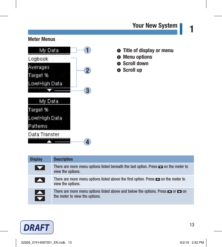 13Your New System 1Meter Menus1 Title of display or menu2 Menu options3 Scroll down4 Scroll upDisplay  Description There are more menu options listed beneath the last option. Press   on the meter to view the options.There are more menu options listed above the ﬁrst option. Press   on the meter to view the options.There are more menu options listed above and below the options. Press   or   on the meter to view the options.123452926_07414587001_EN.indb   13 6/2/16   2:52 PM