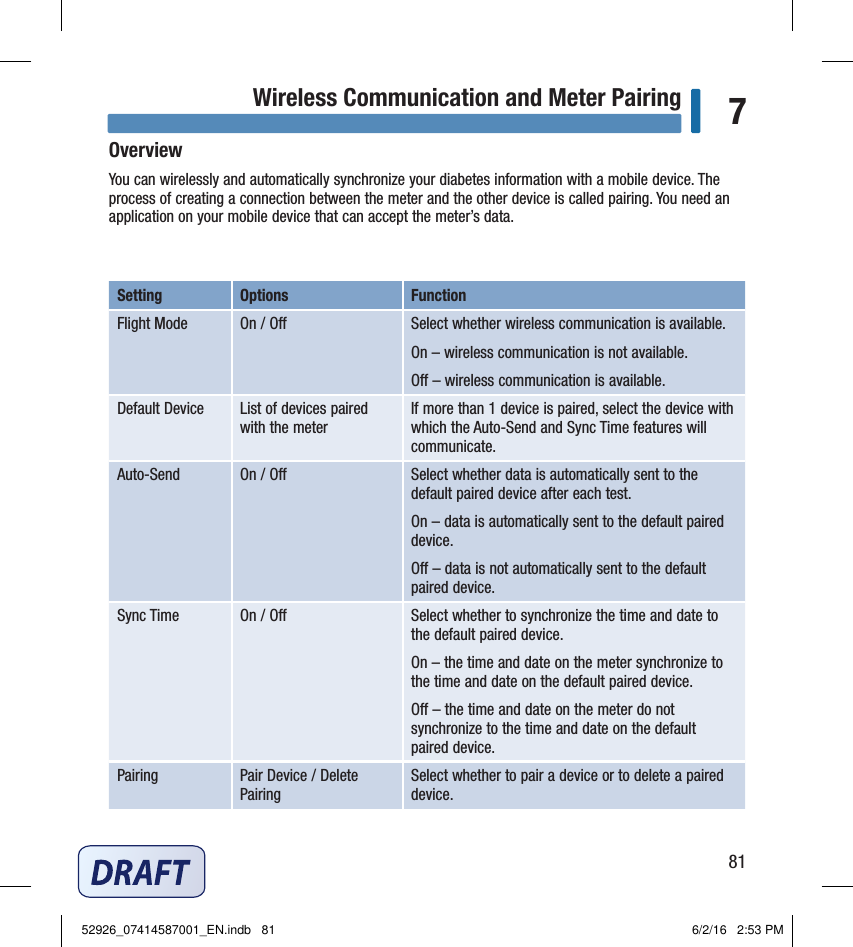 81Wireless Communication and Meter Pairing 7OverviewYou can wirelessly and automatically synchronize your diabetes information with a mobile device. The process of creating a connection between the meter and the other device is called pairing. You need an application on your mobile device that can accept the meter’s data. Setting  Options  Function Flight Mode  On / O  Select whether wireless communication is available. On – wireless communication is not available. O – wireless communication is available. Default Device  List of devices paired with the meter If more than 1device is paired, select the device with which the Auto‑Send and Sync Time features will communicate. Auto‑Send  On / O  Select whether data is automatically sent to the default paired device after each test. On – data is automatically sent to the default paired device. O – data is not automatically sent to the default paired device. Sync Time  On / O  Select whether to synchronize the time and date to the default paired device. On – the time and date on the meter synchronize to the time and date on the default paired device. O – the time and date on the meter do not synchronize to the time and date on the default paired device. Pairing  Pair Device / Delete Pairing Select whether to pair a device or to delete a paired device.  Chapter 7: Wireless Communication and Meter Pairing52926_07414587001_EN.indb   81 6/2/16   2:53 PM