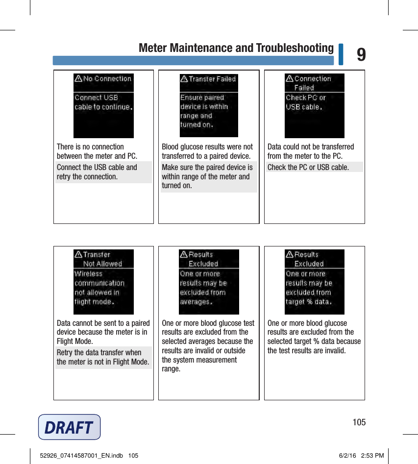 105Meter Maintenance and Troubleshooting 9There is no connection between the meter and PC. Connect the USB cable and retry the connection. Blood glucose results were not transferred to a paired device. Make sure the paired device is within range of the meter and turned on. Data could not be transferred from the meter to the PC. Check the PC or USB cable. Data cannot be sent to a paired device because the meter is in Flight Mode. Retry the data transfer when the meter is not in Flight Mode. One or more blood glucose test results are excluded from the selected averages because the results are invalid or outside the system measurement range. One or more blood glucose results are excluded from the selected target % data because the test results are invalid. 52926_07414587001_EN.indb   105 6/2/16   2:53 PM