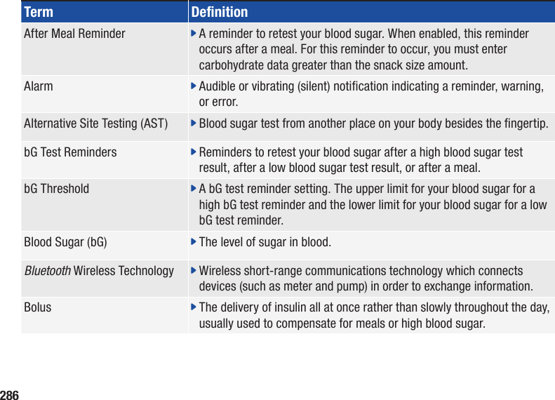 286Term DenitionAfter Meal Reminder j  A reminder to retest your blood sugar. When enabled, this reminder occurs after a meal. For this reminder to occur, you must enter carbohydrate data greater than the snack size amount.Alarm j  Audible or vibrating (silent) notication indicating a reminder, warning, or error.Alternative Site Testing (AST) j  Blood sugar test from another place on your body besides the ngertip.bG Test Reminders j  Reminders to retest your blood sugar after a high blood sugar test result, after a low blood sugar test result, or after a meal.bG Threshold j  A bG test reminder setting. The upper limit for your blood sugar for a high bG test reminder and the lower limit for your blood sugar for a low bG test reminder.Blood Sugar (bG) j  The level of sugar in blood.Bluetooth Wireless Technology j  Wireless short-range communications technology which connects devices (such as meter and pump) in order to exchange information.Bolus j  The delivery of insulin all at once rather than slowly throughout the day, usually used to compensate for meals or high blood sugar.